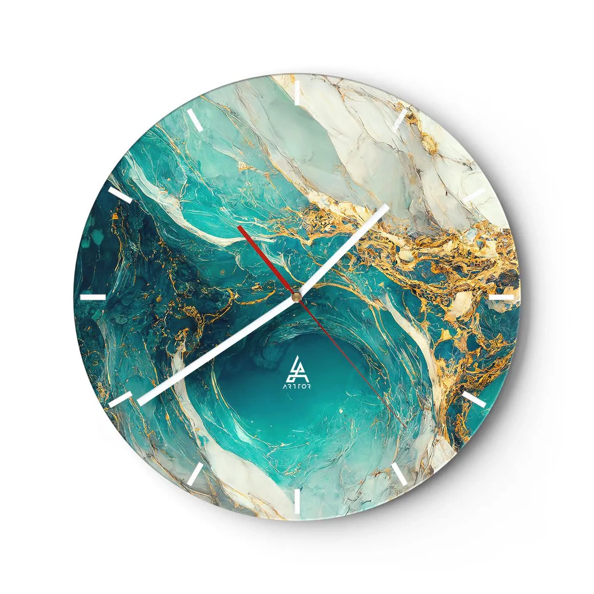 Reloj de pared - Reloj de vidrio - Abstracto turquesa con patrón dorado en espiral - 30x30cm - Composición con vetas de oro - Decoración de pared moderna para salón, cocina y dormitorio ARTTOR