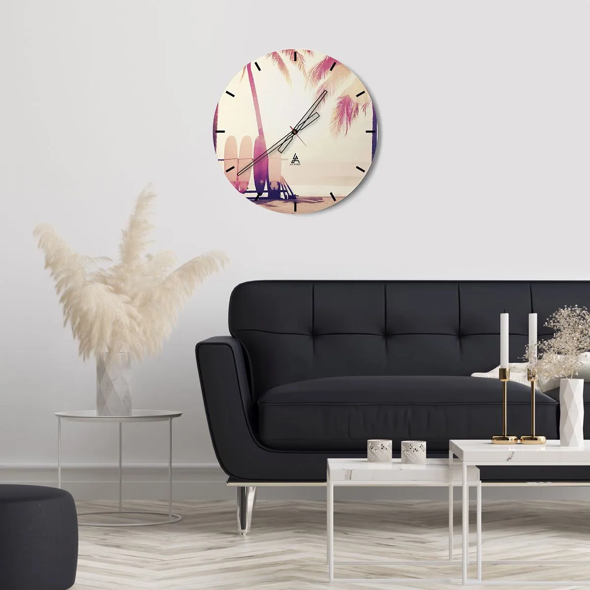 Reloj de pared - Reloj de vidrio - Tablas de surf y palmeras en la playa al amanecer - 30x30cm - Va a ser un gran día - Decoración de pared moderna para salón, cocina y dormitorio ARTTOR