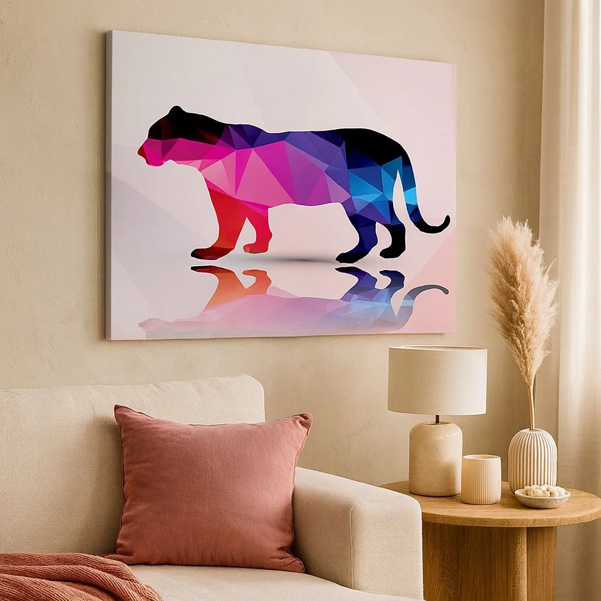 Cuadro sobre lienzo - Impresión de Imagen - Silueta de pantera geométrica en tonos rosa y azul. - 70x50cm - Pantera de diamante - Decoración de pared moderna para salón y dormitorio ARTTOR