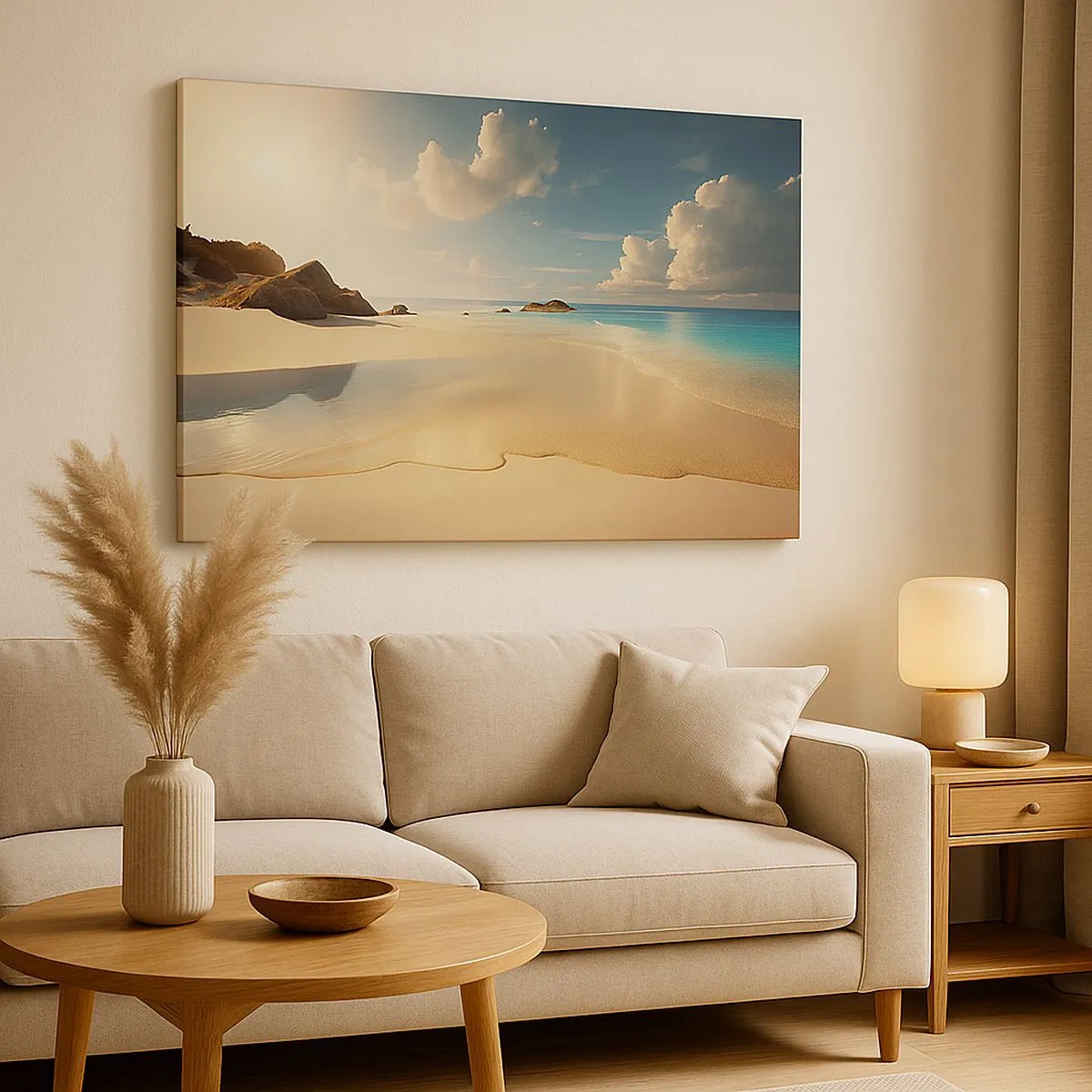 Cuadro sobre lienzo - Impresión de Imagen - Una playa soleada con mar azul y rocas. - 70x50cm - Un día de ensueño - Decoración de pared moderna para salón y dormitorio ARTTOR