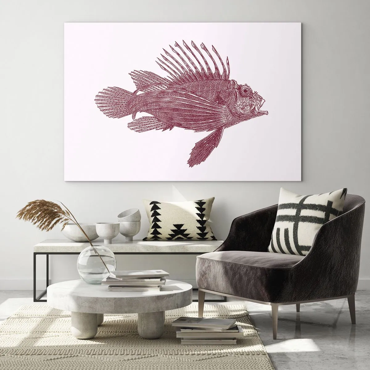 Cuadro sobre vidrio - Impresiones sobre Vidrio - Boceto de un pez exótico en color burdeos sobre un fondo claro. - 70x50cm - Un habitante de aguas exóticas - Decoración de pared moderna para salón y dormitorio ARTTOR