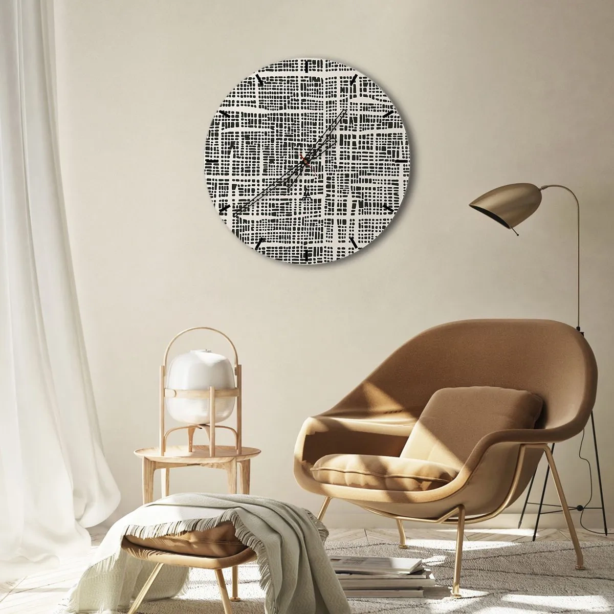 Reloj de pared - Reloj de vidrio - Patrón geométrico negro y crema con puntos irregulares. - 30x30cm - Composición del tejido - Decoración de pared moderna para salón, cocina y dormitorio ARTTOR