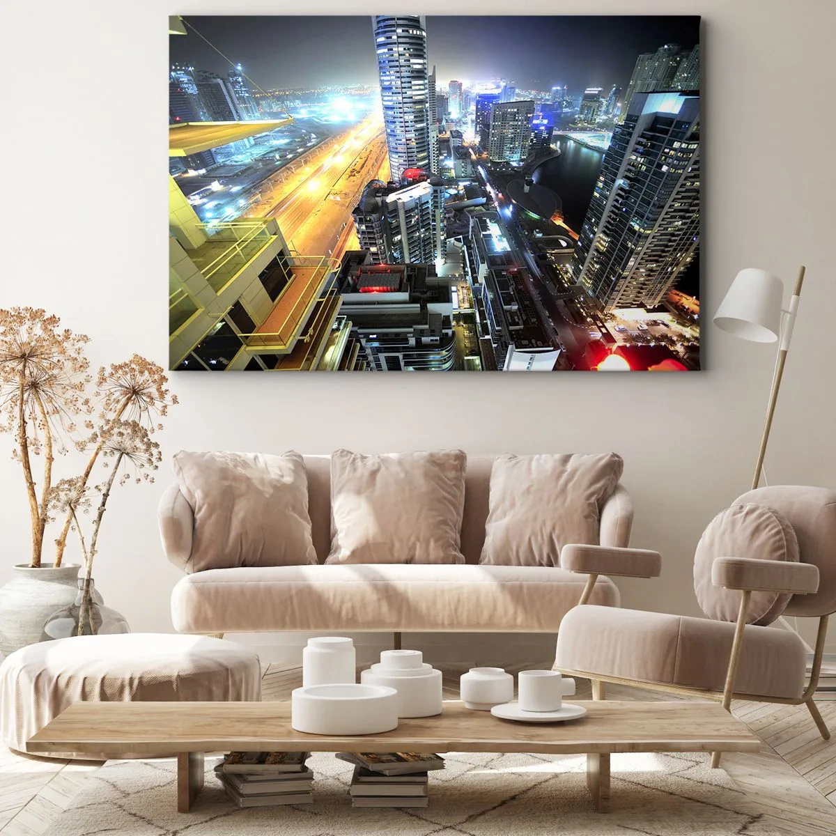 Cuadro sobre lienzo - Impresión de Imagen - Panorama de la ciudad nocturna con rascacielos iluminados - 70x50cm - Un milagro en el desierto - Decoración de pared moderna para salón y dormitorio ARTTOR