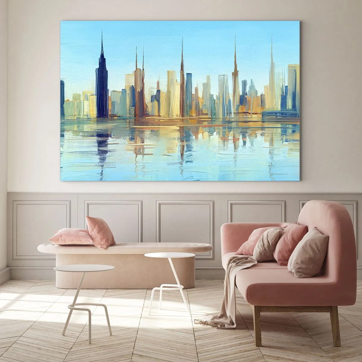 Cuadro sobre vidrio - Impresiones sobre Vidrio - Un panorama de la metrópolis reflejada en el agua bajo un cielo azul. - 70x50cm - Metrópolis soleada - Decoración de pared moderna para salón y dormitorio ARTTOR