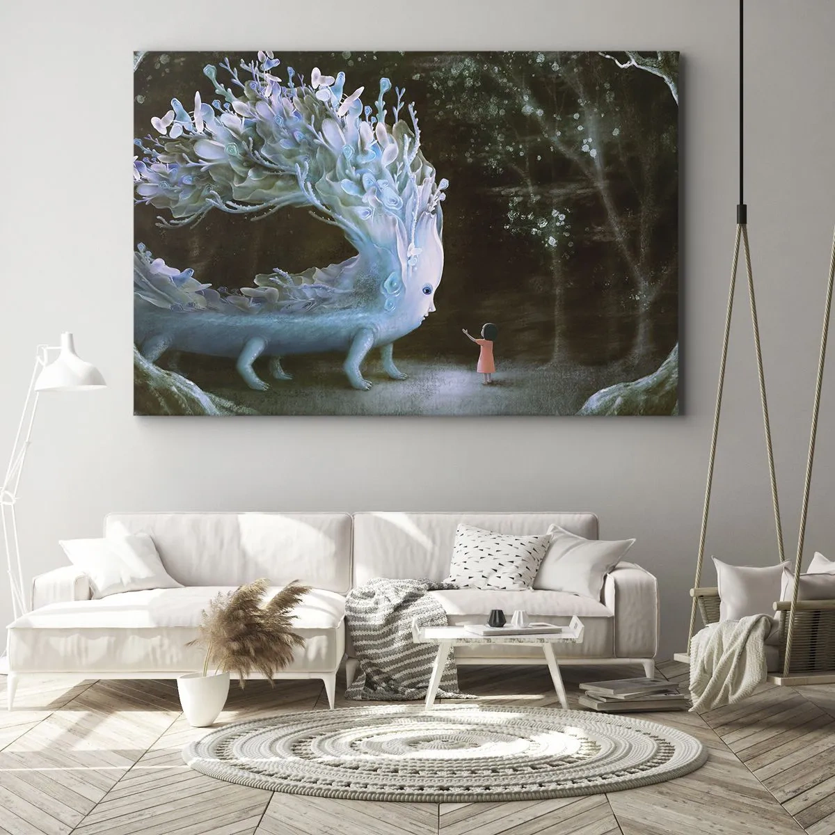 Cuadro sobre lienzo - Impresión de Imagen - La figura de una niña frente a una criatura fantástica. - 70x50cm - Una reunión fantástica - Decoración de pared moderna para salón y dormitorio ARTTOR