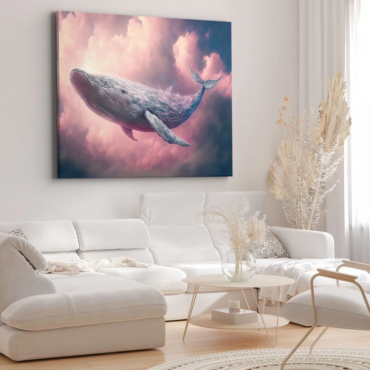 Cuadro sobre lienzo - Impresión de Imagen - Una ballena flotando en las nubes al atardecer. - 70x50cm - La reina de los mares asciende - Decoración de pared moderna para salón y dormitorio ARTTOR