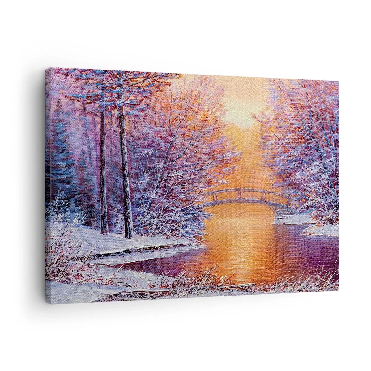 Cuadro sobre lienzo - Impresión de Imagen - Paisaje invernal con puente y puesta de sol - 70x50cm - Reunámonos aquí - Decoración de pared moderna para salón y dormitorio ARTTOR