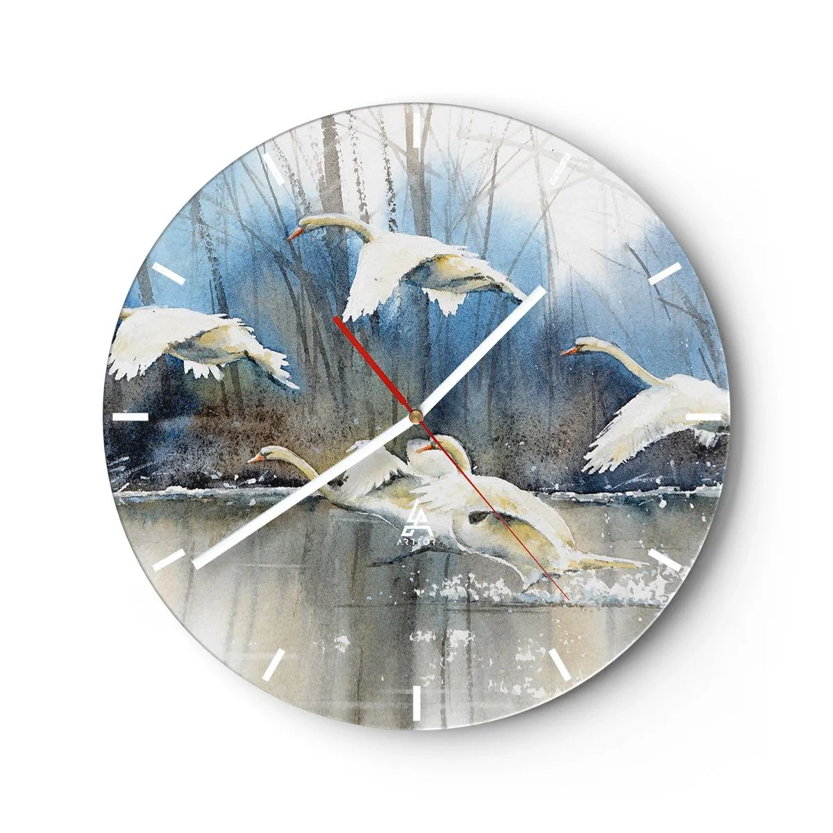Reloj de pared - Reloj de vidrio - Cisnes volando desde la superficie del lago con el bosque al fondo - 30x30cm - Como en un cuento de cisnes salvajes - Decoración de pared moderna para salón, cocina y dormitorio ARTTOR