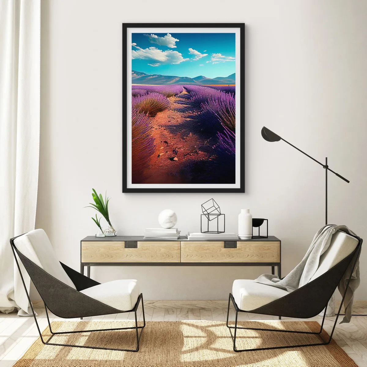 Póster en marco negro - Un campo de lavanda al atardecer con un paisaje montañoso al fondo. - 50x70cm - Campos fragantes - Decoración de pared moderna para salón y dormitorio ARTTOR