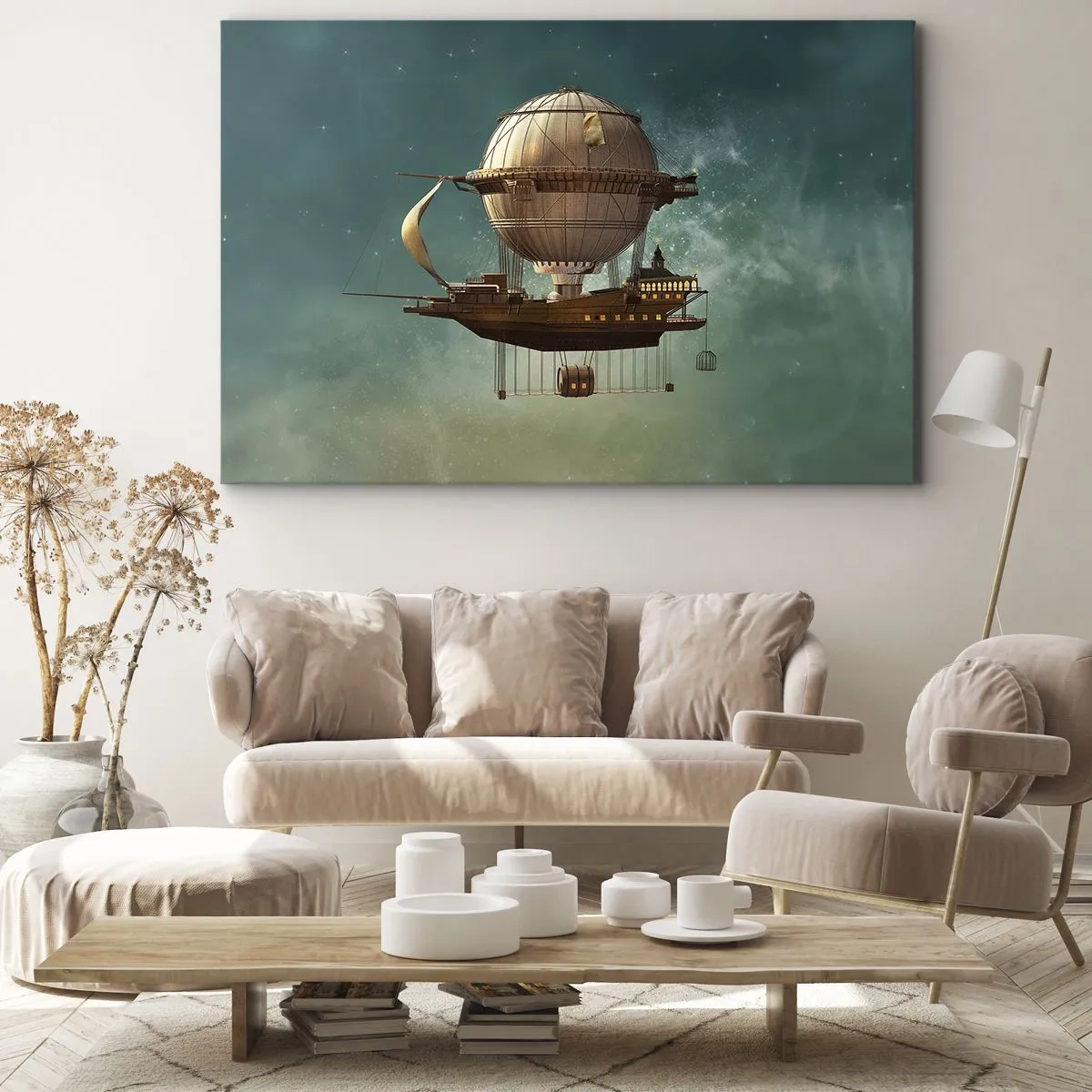 Cuadro sobre lienzo - Impresión de Imagen - Un dirigible fantástico contra el cielo verdoso. - 70x50cm - Julio Verne saluda - Decoración de pared moderna para salón y dormitorio ARTTOR