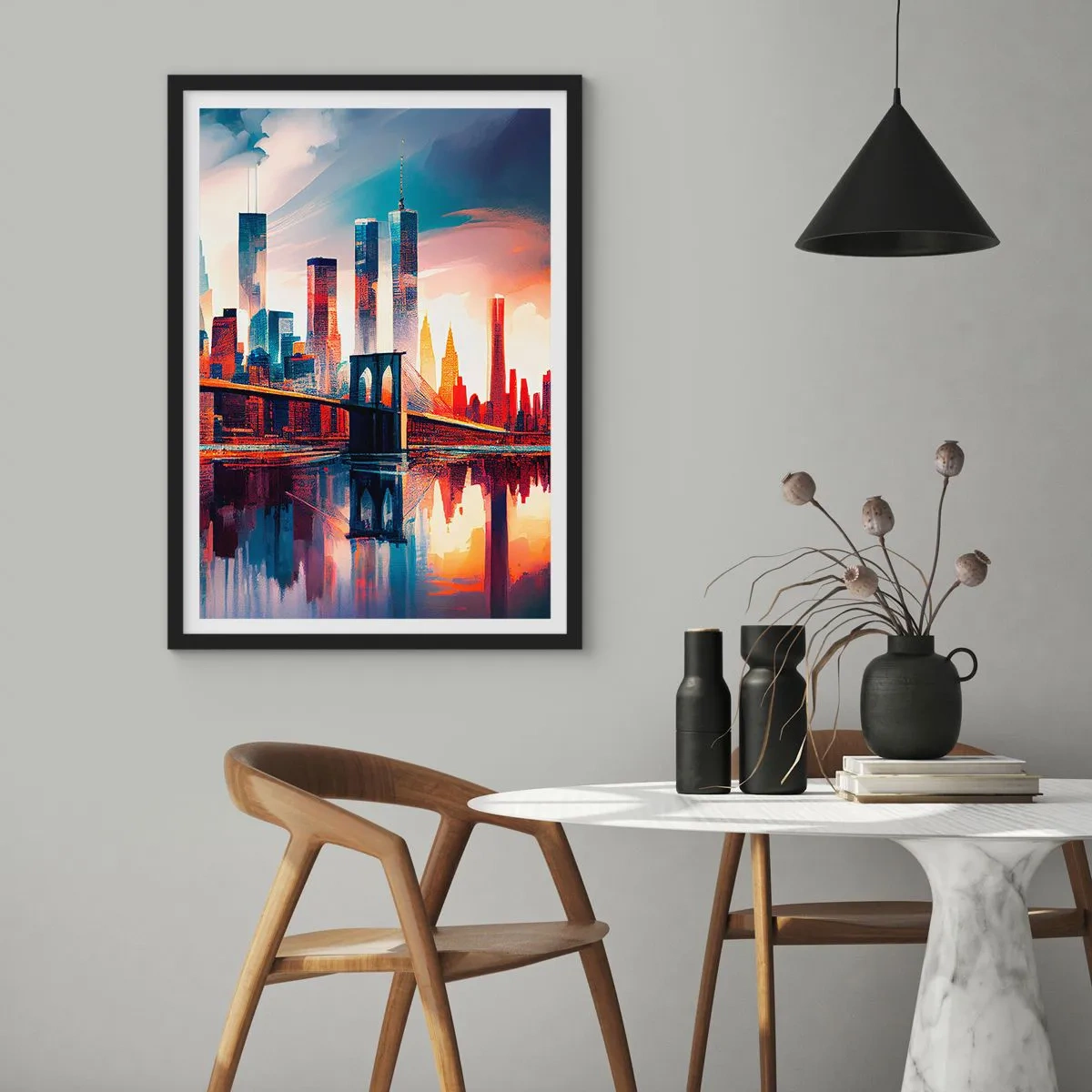 Póster en marco negro - Panorama de la ciudad con un puente y reflejo en el agua. - 50x70cm - Nueva York siempre luce - Decoración de pared moderna para salón y dormitorio ARTTOR