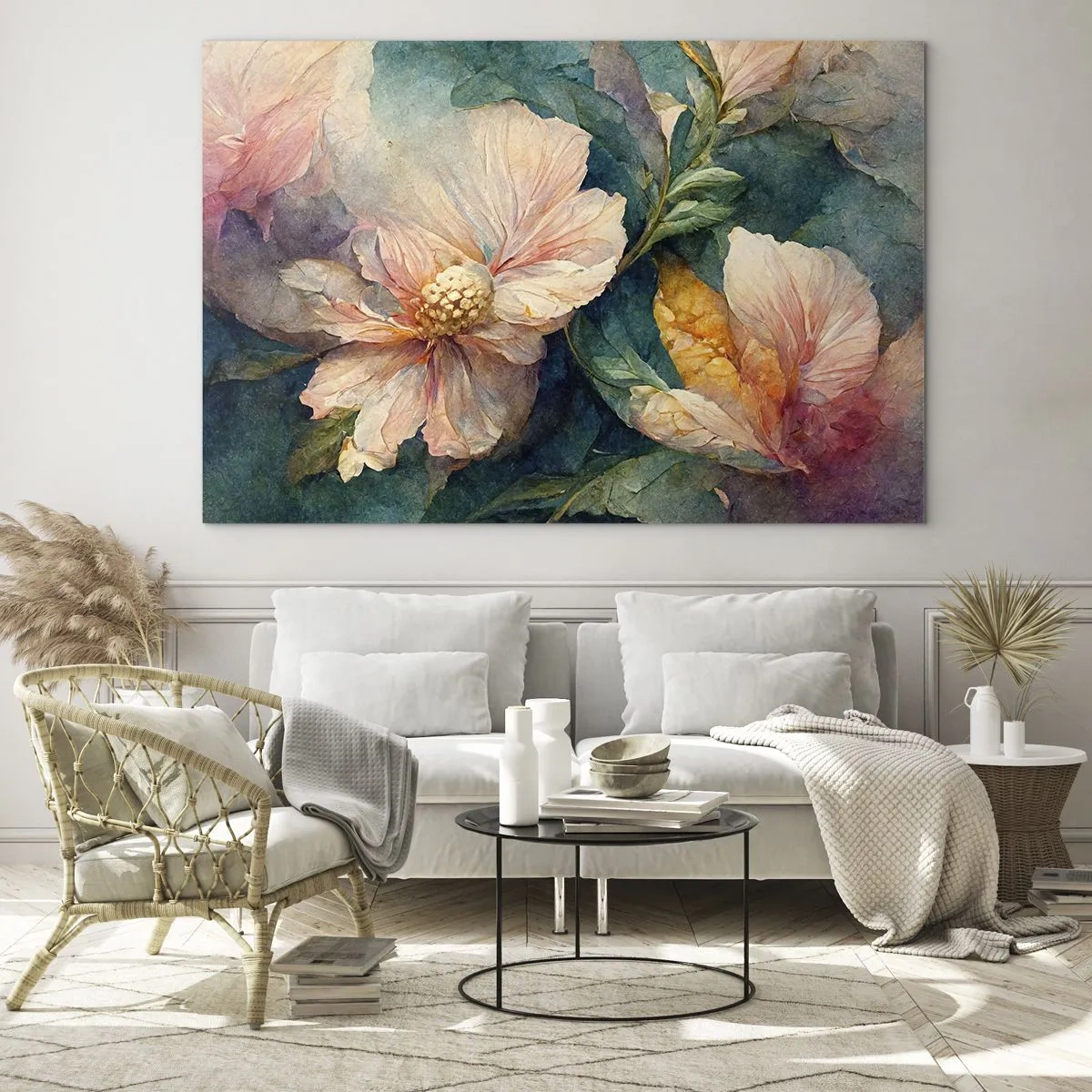 Cuadro sobre vidrio - Impresiones sobre Vidrio - Delicadas flores en tonos pastel de acuarela. - 70x50cm - La sutileza misma - Decoración de pared moderna para salón y dormitorio ARTTOR