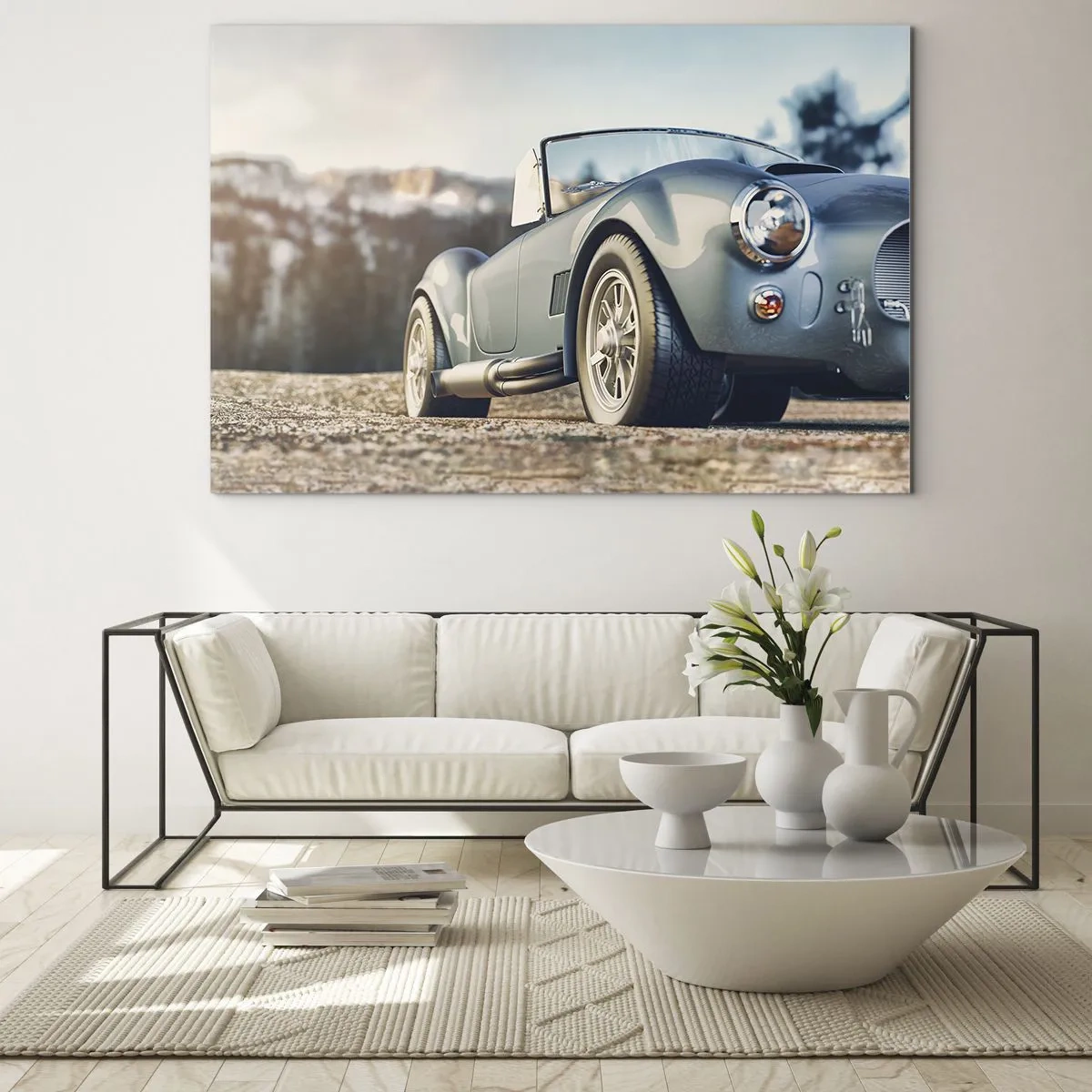 Cuadro sobre vidrio - Impresiones sobre Vidrio - Un coche deportivo con montañas al fondo. - 70x50cm - Porque el estilo importa - Decoración de pared moderna para salón y dormitorio ARTTOR