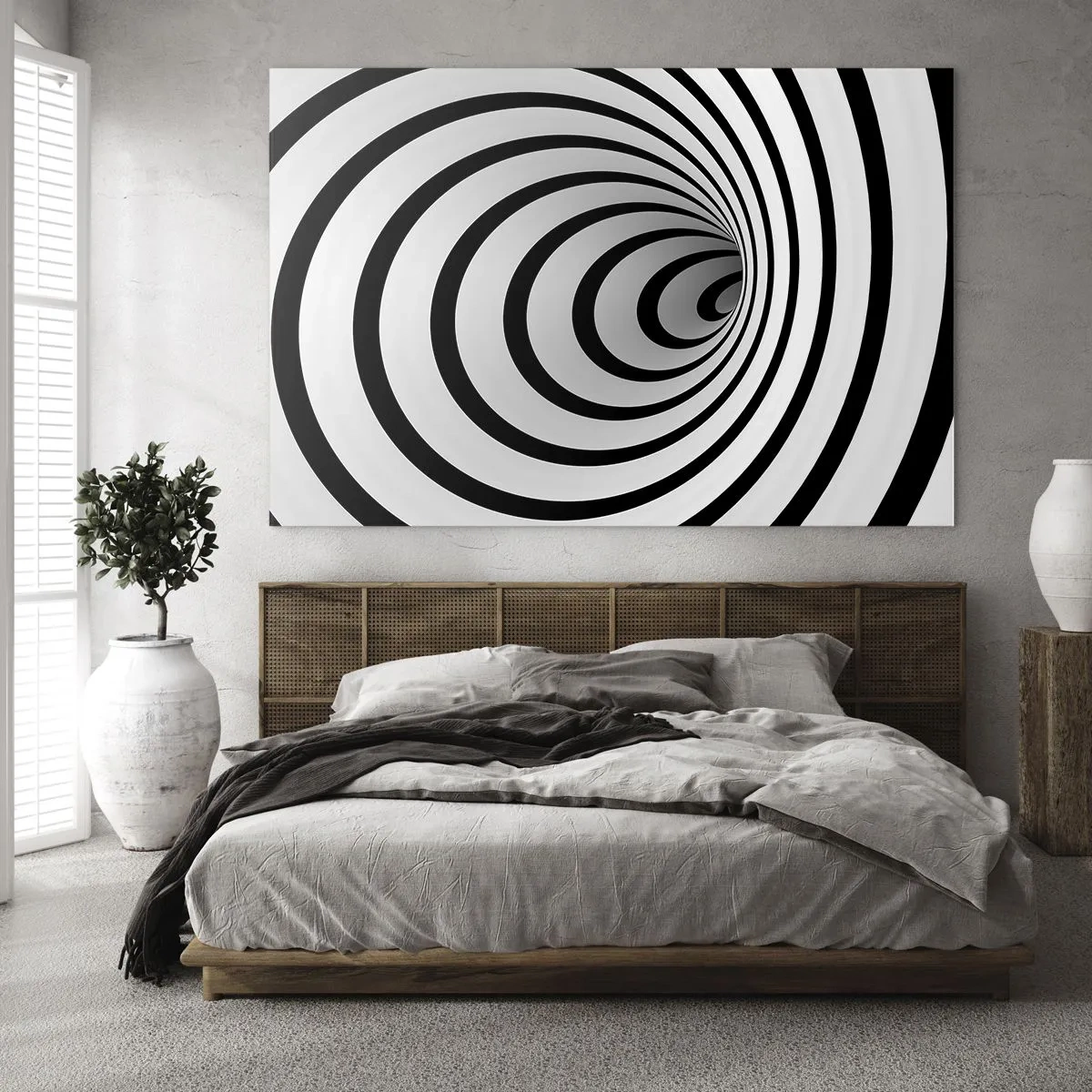 Cuadro sobre vidrio - Impresiones sobre Vidrio - Patrón espiral abstracto en blanco y negro - 70x50cm - ¿Tampoco puedes resistirte? - Decoración de pared moderna para salón y dormitorio ARTTOR
