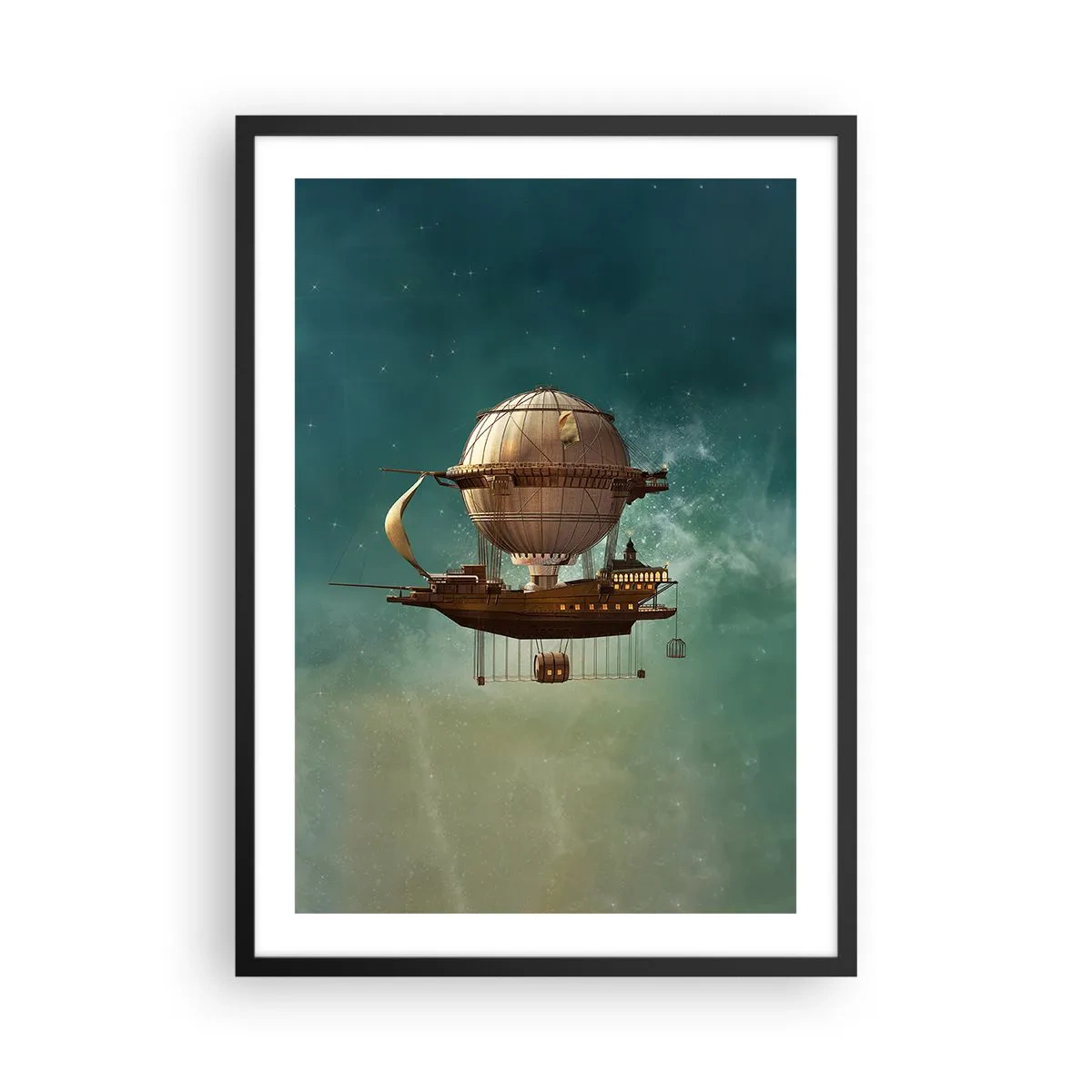 Póster en marco negro - Un fantástico dirigible flotando entre las estrellas. - 50x70cm - Julio Verne saluda - Decoración de pared moderna para salón y dormitorio ARTTOR