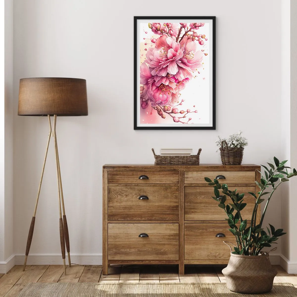 Póster en marco negro - Delicadas flores de cerezo rosadas en plena floración sobre un fondo claro. - 50x70cm - Flor de cerezo - Decoración de pared moderna para salón y dormitorio ARTTOR
