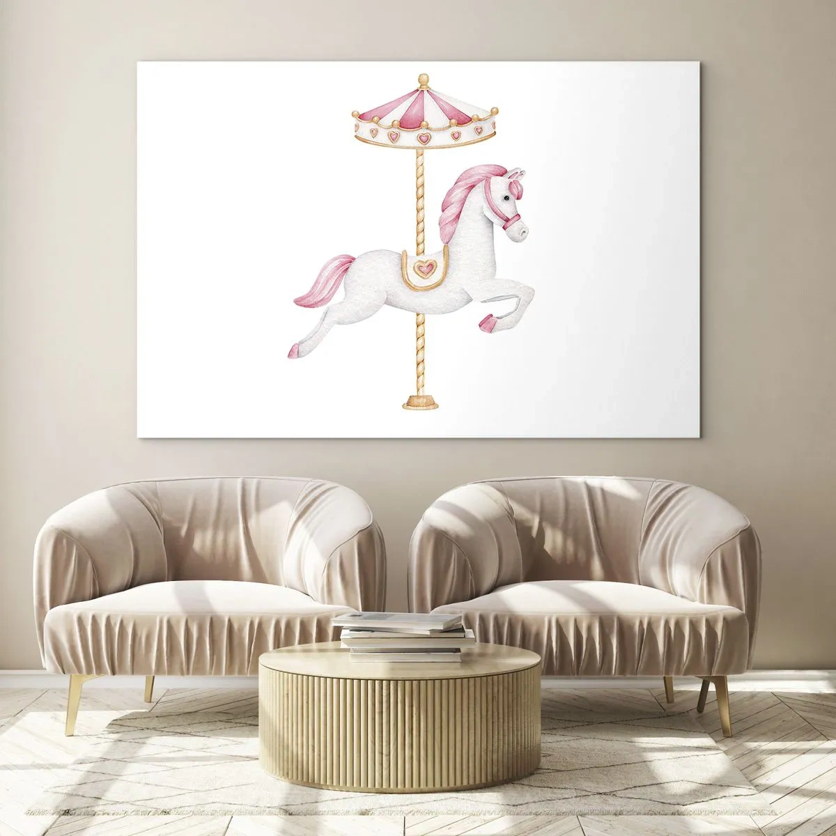 Cuadro sobre vidrio - Impresiones sobre Vidrio - Caballo de carrusel rosa y blanco sobre un fondo blanco - 70x50cm - Partió al galope - Decoración de pared moderna para salón y dormitorio ARTTOR