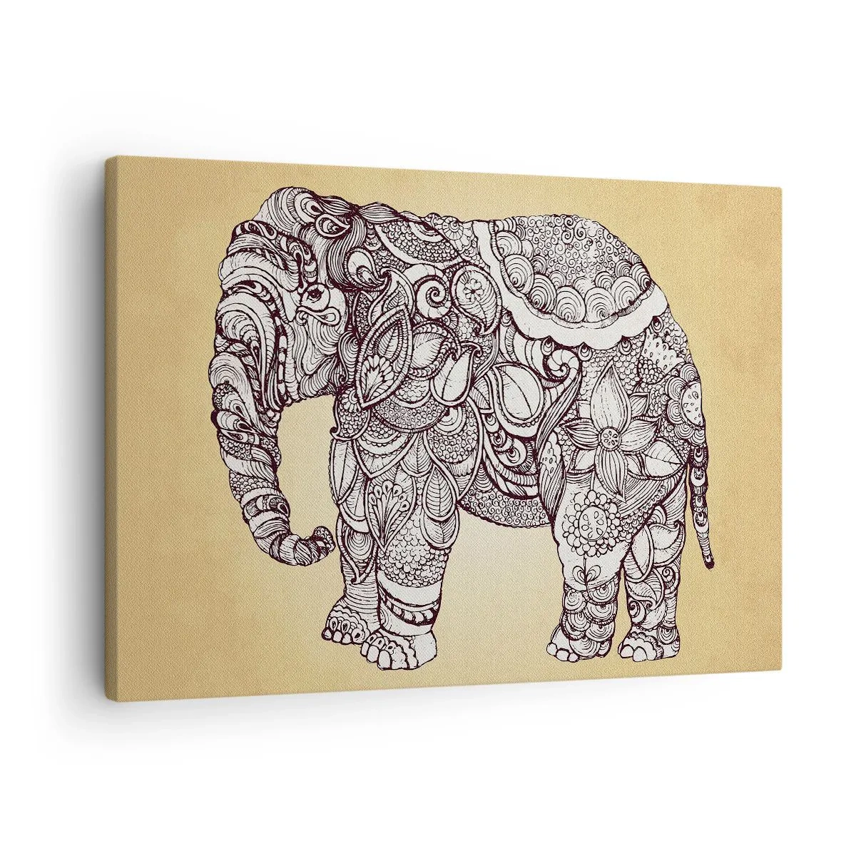 Cuadro sobre lienzo - Impresión de Imagen - Elefante dibujado a mano con un patrón ornamentado sobre un fondo beige. - 70x50cm - El elefante decorado - Decoración de pared moderna para salón y dormitorio ARTTOR