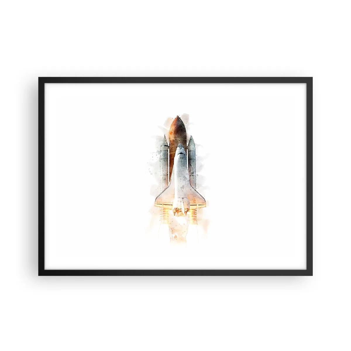 Póster en marco negro - Una interpretación artística en acuarela de un transbordador espacial despegando. - 70x50cm - El comienzo de la exploración - Decoración de pared moderna para salón y dormitorio ARTTOR