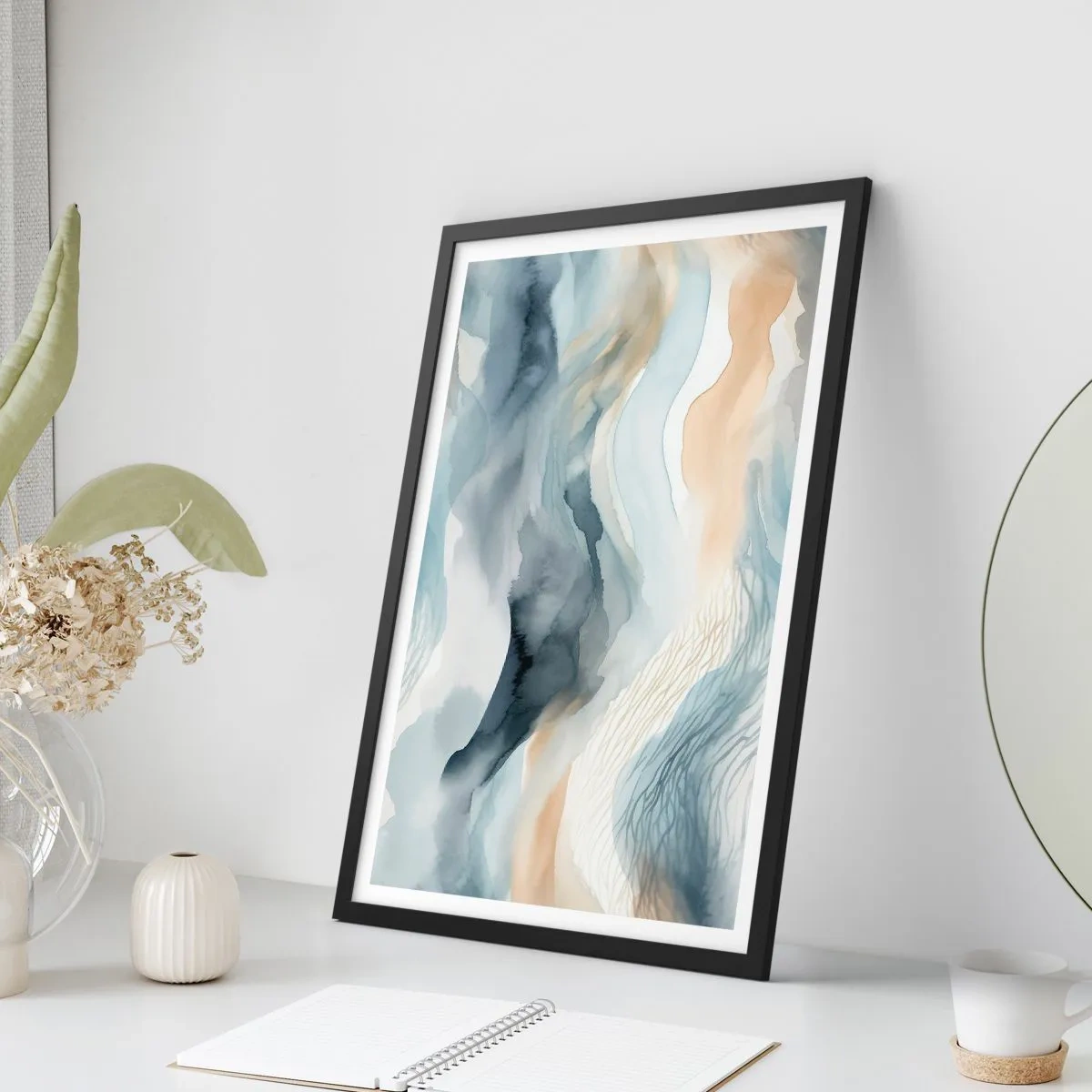 Póster en marco negro - Ondas abstractas en tonos beige y azul marino - 50x70cm - Abstracción de nieve y niebla - Decoración de pared moderna para salón y dormitorio ARTTOR