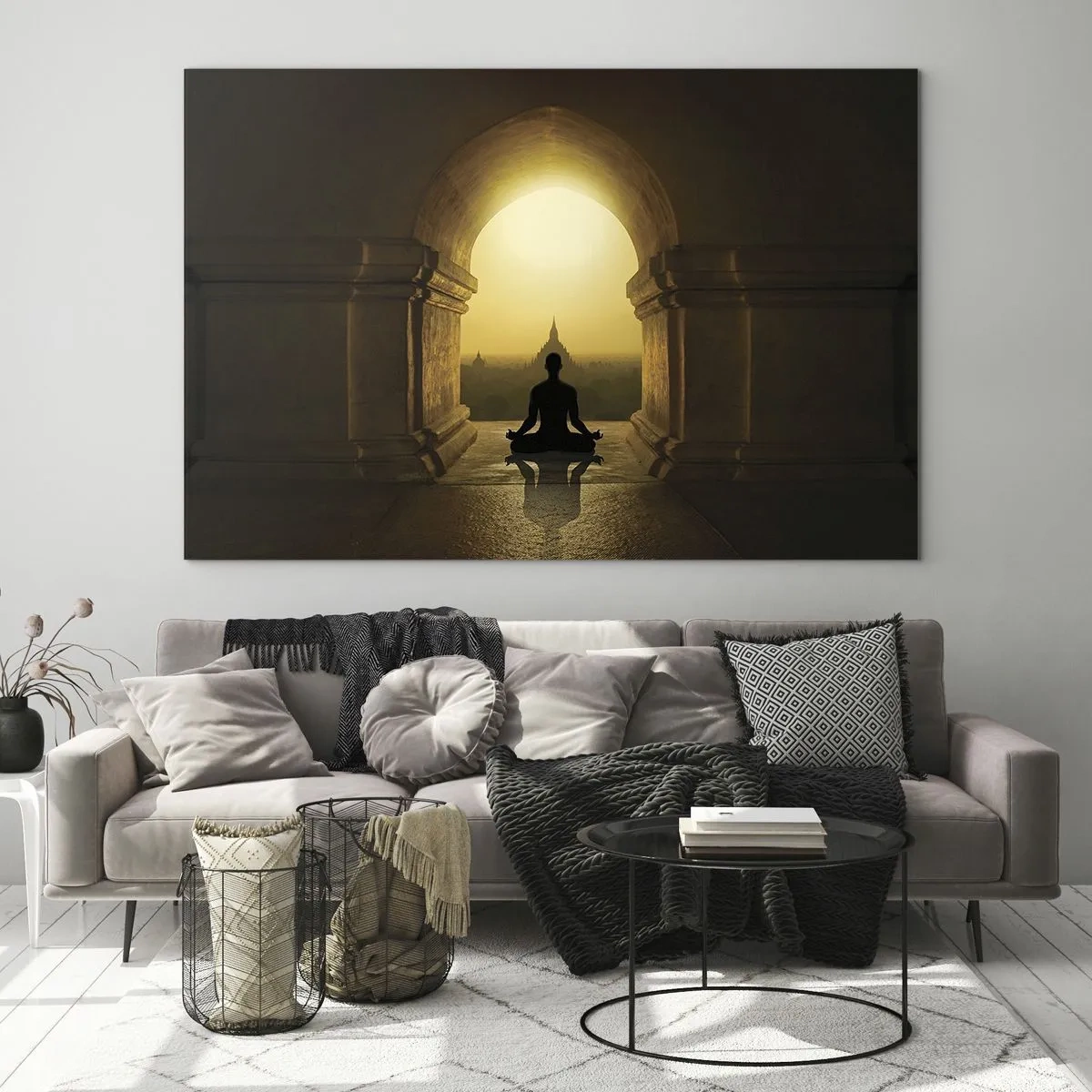 Cuadro sobre vidrio - Impresiones sobre Vidrio - Silueta de una persona meditando a la luz del sol poniente en un arco arquitectónico. - 70x50cm - Armonía total - Decoración de pared moderna para salón y dormitorio ARTTOR