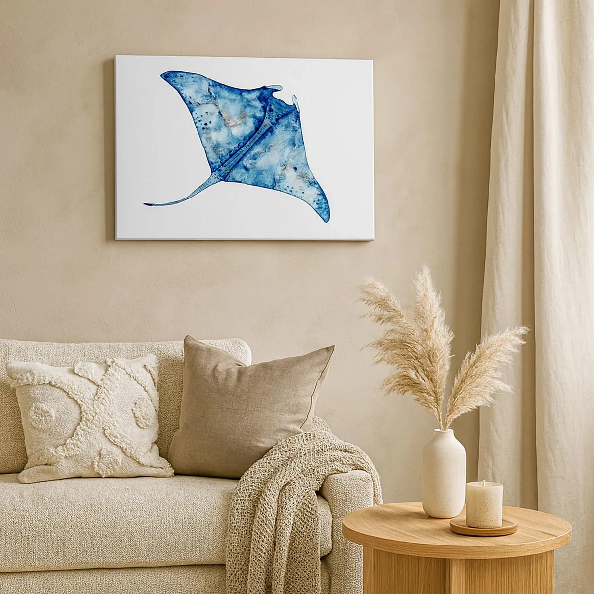 Cuadro sobre lienzo - Impresión de Imagen - Raya azul en estilo acuarela sobre fondo blanco - 70x50cm - La vida en azul - Decoración de pared moderna para salón y dormitorio ARTTOR