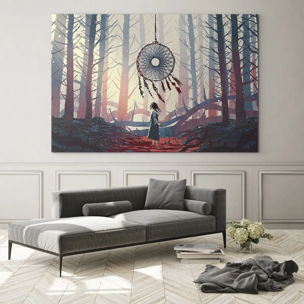 Cuadro sobre vidrio - Impresiones sobre Vidrio - Una figura en el bosque mira un gran atrapasueños que flota en el aire. - 70x50cm - El ritual secreto de la felicidad - Decoración de pared moderna para salón y dormitorio ARTTOR