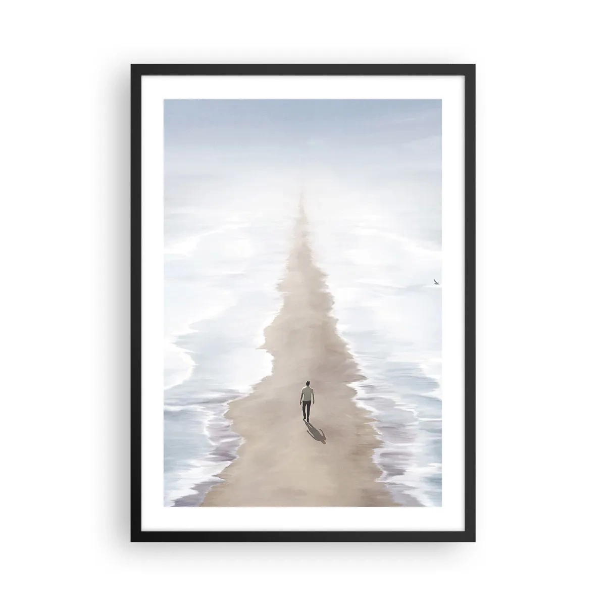 Póster en marco negro - Una figura camina sola por un sendero entre aguas tranquilas. - 50x70cm - Un futuro brillante - Decoración de pared moderna para salón y dormitorio ARTTOR
