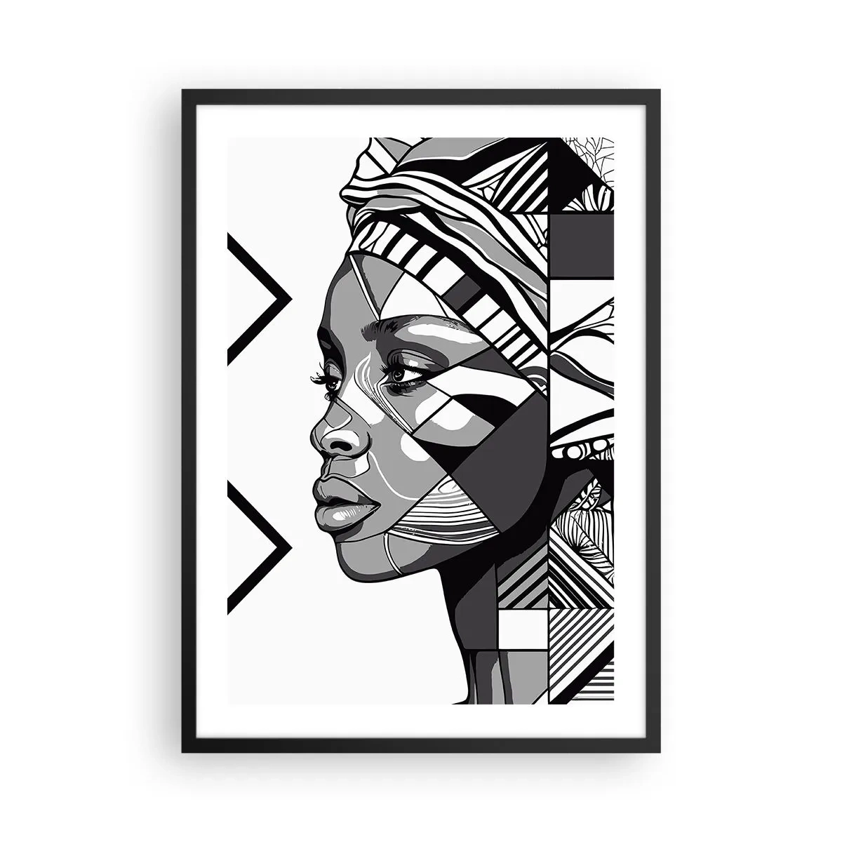 Póster en marco negro - Retrato geométrico de una mujer en blanco y negro. - 50x70cm - Retrato étnico - Decoración de pared moderna para salón y dormitorio ARTTOR