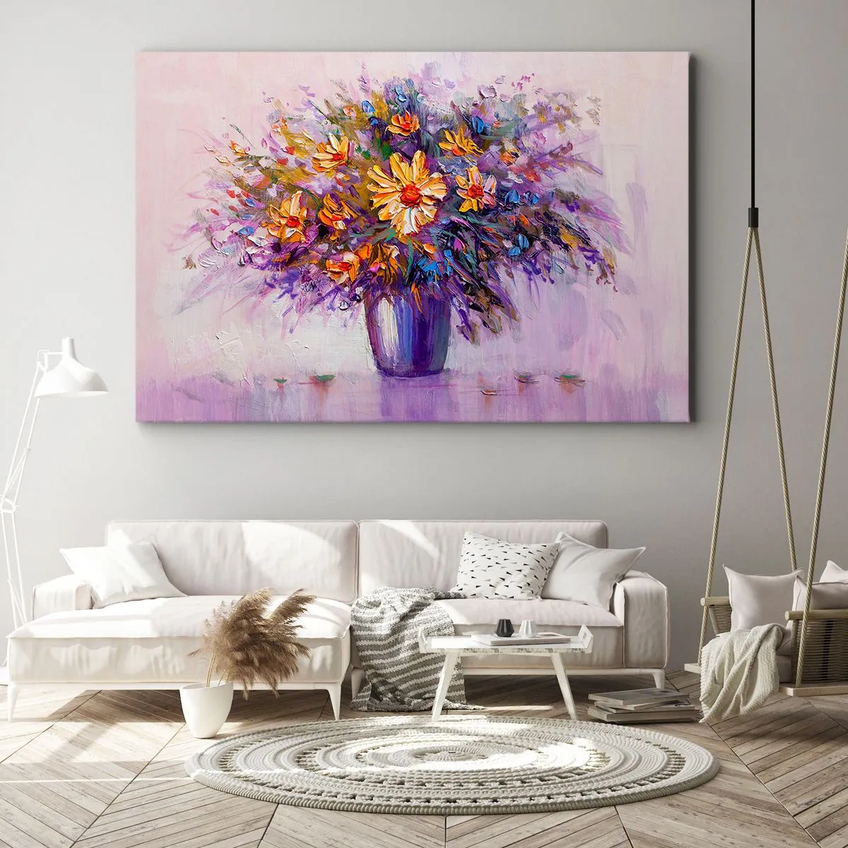 Cuadro sobre lienzo - Impresión de Imagen - Un ramo de flores en un jarrón sobre un fondo pastel. - 70x50cm - Huele dulce, parece dulce - Decoración de pared moderna para salón y dormitorio ARTTOR