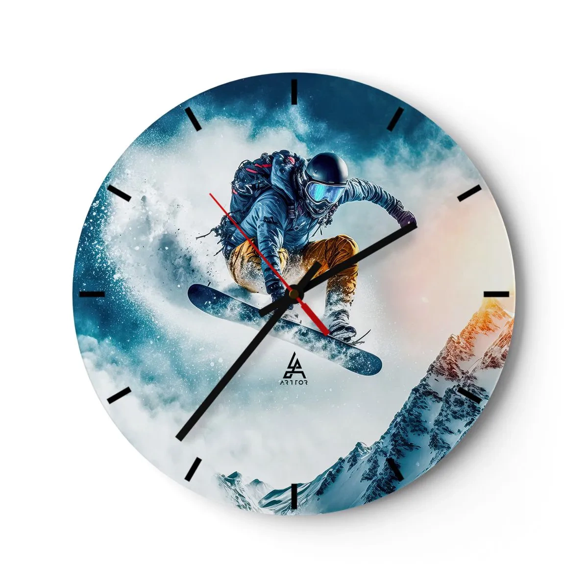 Reloj de pared - Reloj de vidrio - Un snowboarder en vuelo con el telón de fondo de montañas y una tormenta de nieve. - 30x30cm - Emociones extremas - Decoración de pared moderna para salón, cocina y dormitorio ARTTOR
