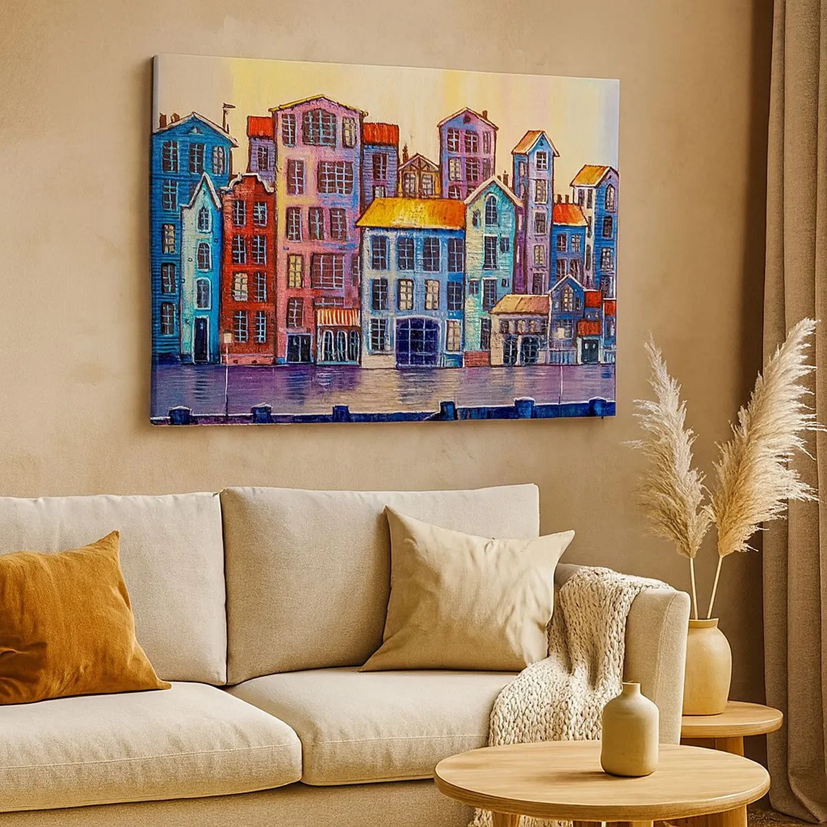 Cuadro sobre lienzo - Impresión de Imagen - Casas de vecindad coloridas junto al agua en un estilo artístico - 70x50cm - Una ciudad como un cuento de hadas - Decoración de pared moderna para salón y dormitorio ARTTOR