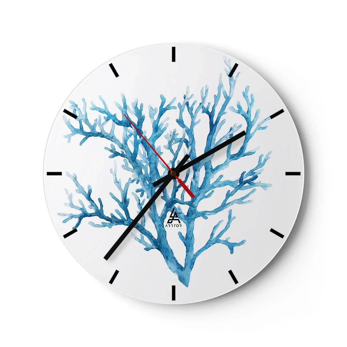 Reloj de pared - Reloj de vidrio - Ilustración de coral azul sobre fondo blanco - 30x30cm - Filigrana marina - Decoración de pared moderna para salón, cocina y dormitorio ARTTOR
