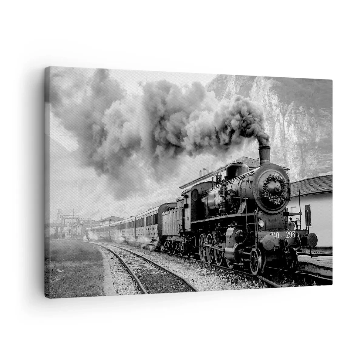 Cuadro sobre lienzo - Impresión de Imagen - Una locomotora de vapor en blanco y negro contra un paisaje montañoso. - 70x50cm - Rumbo a la estación... - Decoración de pared moderna para salón y dormitorio ARTTOR
