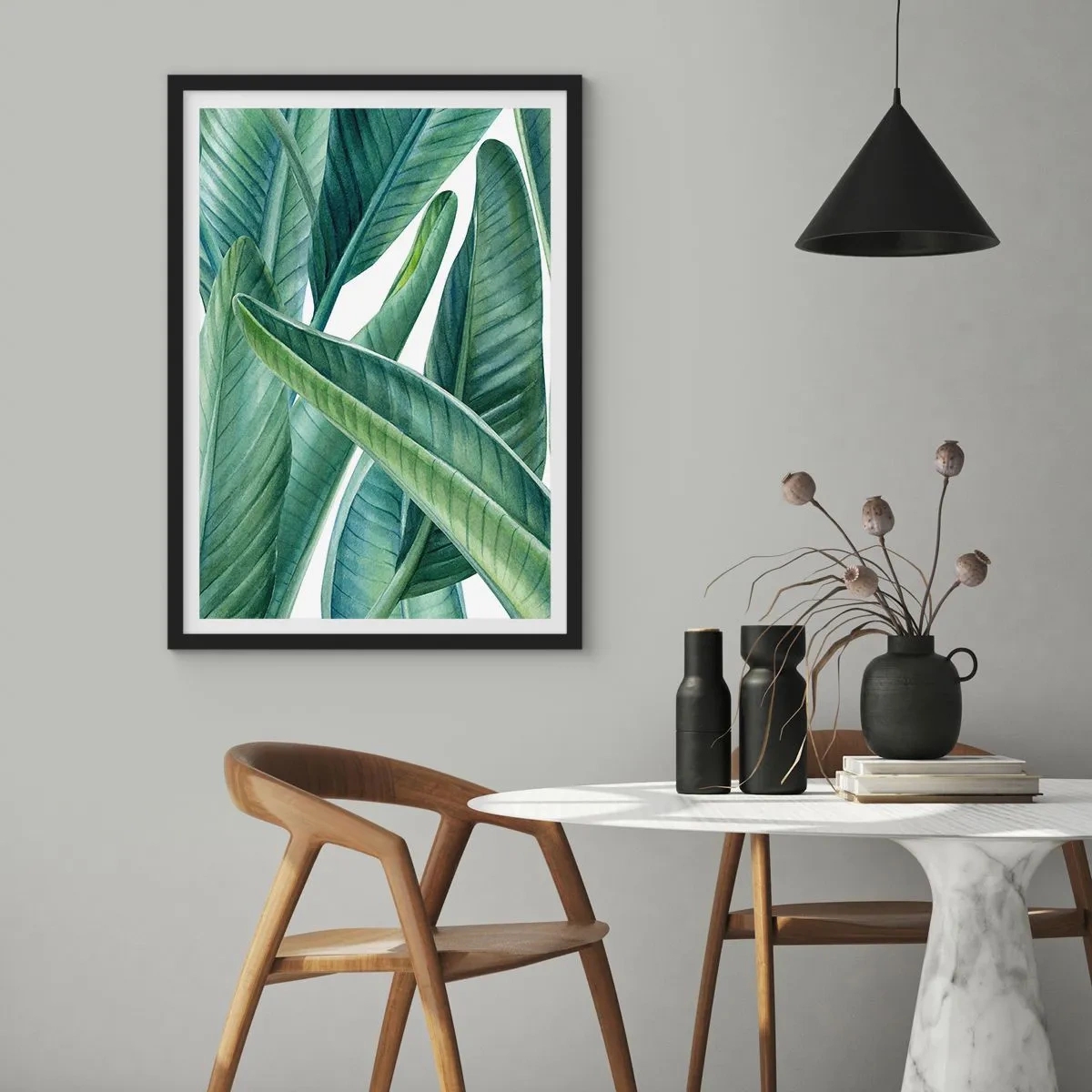 Póster en marco negro - Hojas de plátano verde en estilo acuarela - 50x70cm - Vegetación en estado puro - Decoración de pared moderna para salón y dormitorio ARTTOR