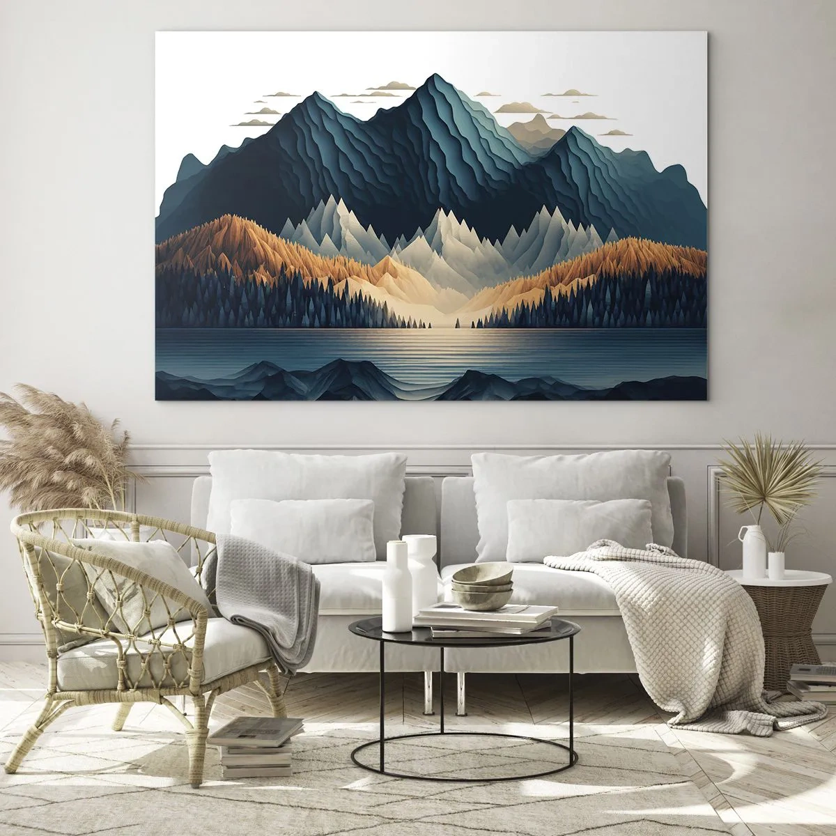 Cuadro sobre vidrio - Impresiones sobre Vidrio - Paisaje de montaña estilizado con un bosque y un lago. - 70x50cm - Paisaje perfecto de montañas - Decoración de pared moderna para salón y dormitorio ARTTOR