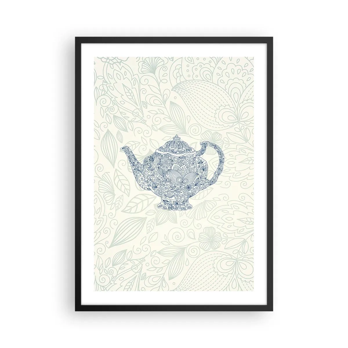 Póster en marco negro - Una ilustración decorativa de una tetera con un patrón sutil sobre un fondo claro. - 50x70cm - El encanto del té - Decoración de pared moderna para salón y dormitorio ARTTOR