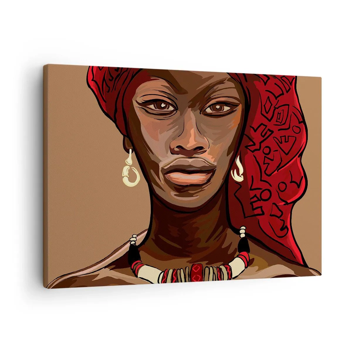 Cuadro sobre lienzo - Impresión de Imagen - Retrato de una mujer con un turbante rojo sobre un fondo beige - 70x50cm - Venus de ébano - Decoración de pared moderna para salón y dormitorio ARTTOR