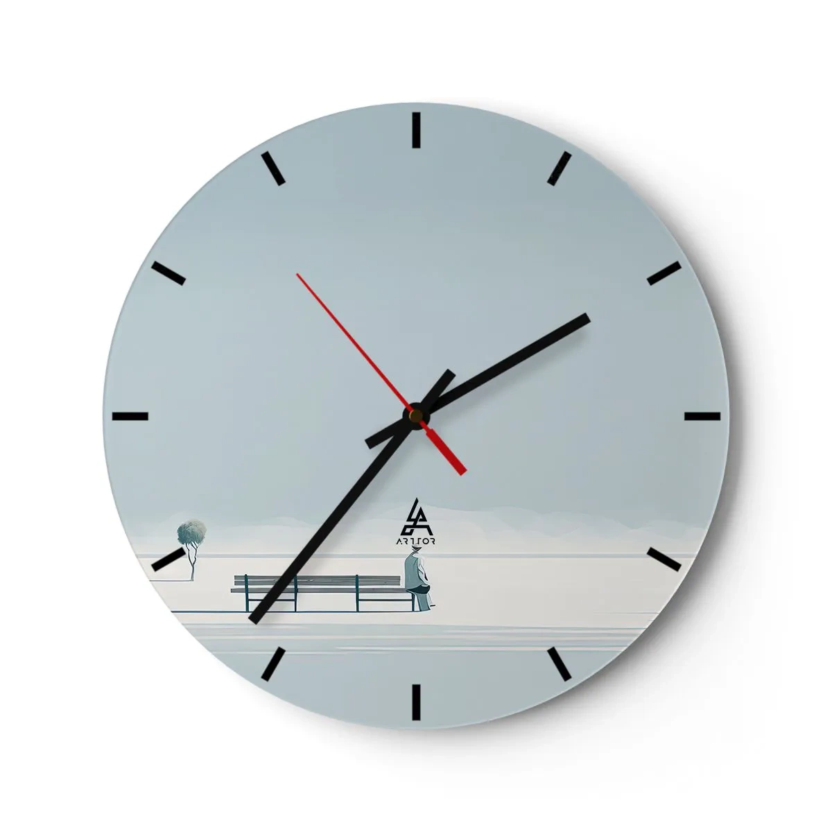 Reloj de pared - Reloj de vidrio - Una figura solitaria se sienta en un banco en un paisaje invernal. - 30x30cm - Sí, estoy esperando - Decoración de pared moderna para salón, cocina y dormitorio ARTTOR