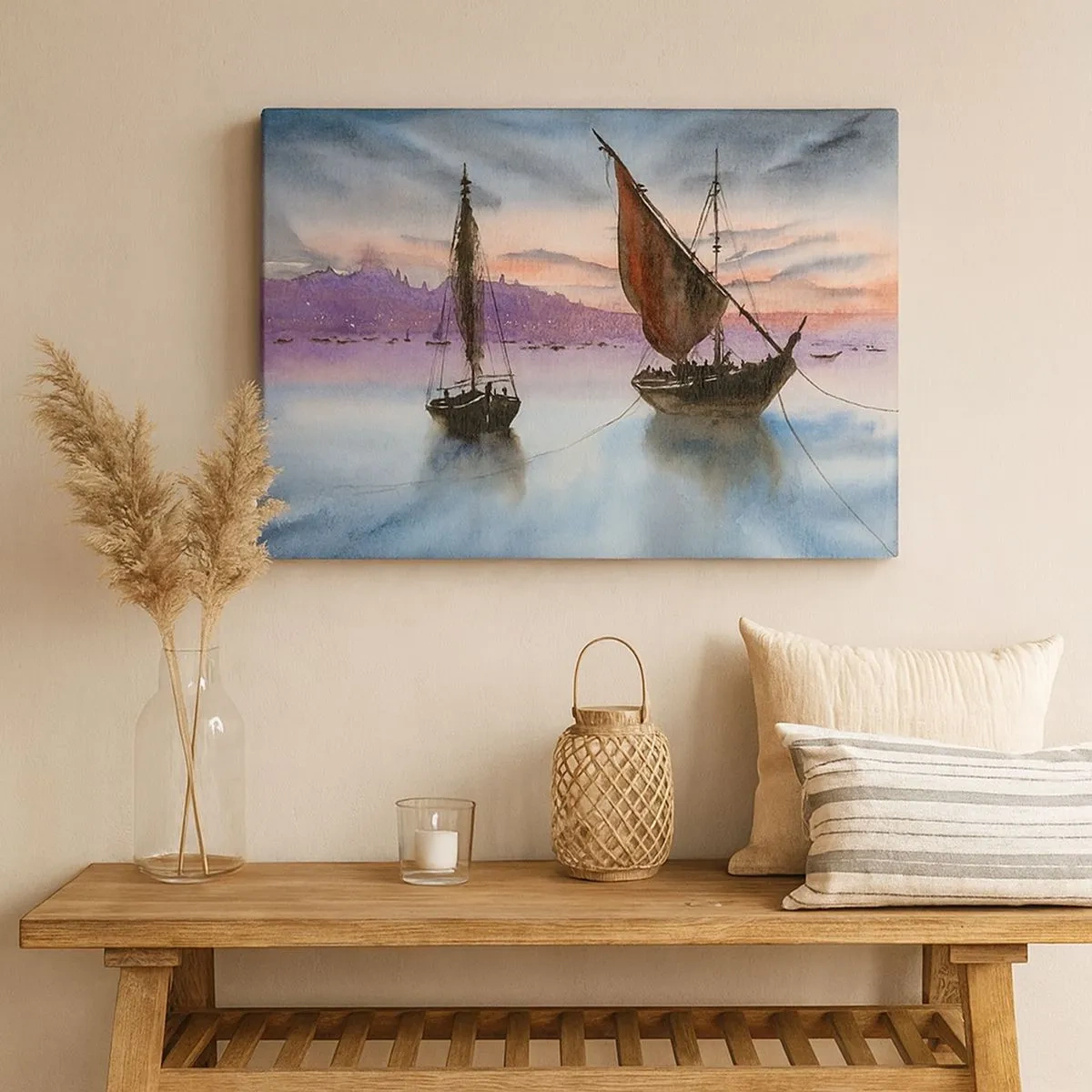 Cuadro sobre lienzo - Impresión de Imagen - Dos veleros amarrados en aguas tranquilas al anochecer - 70x50cm - Atardecer en el puerto - Decoración de pared moderna para salón y dormitorio ARTTOR