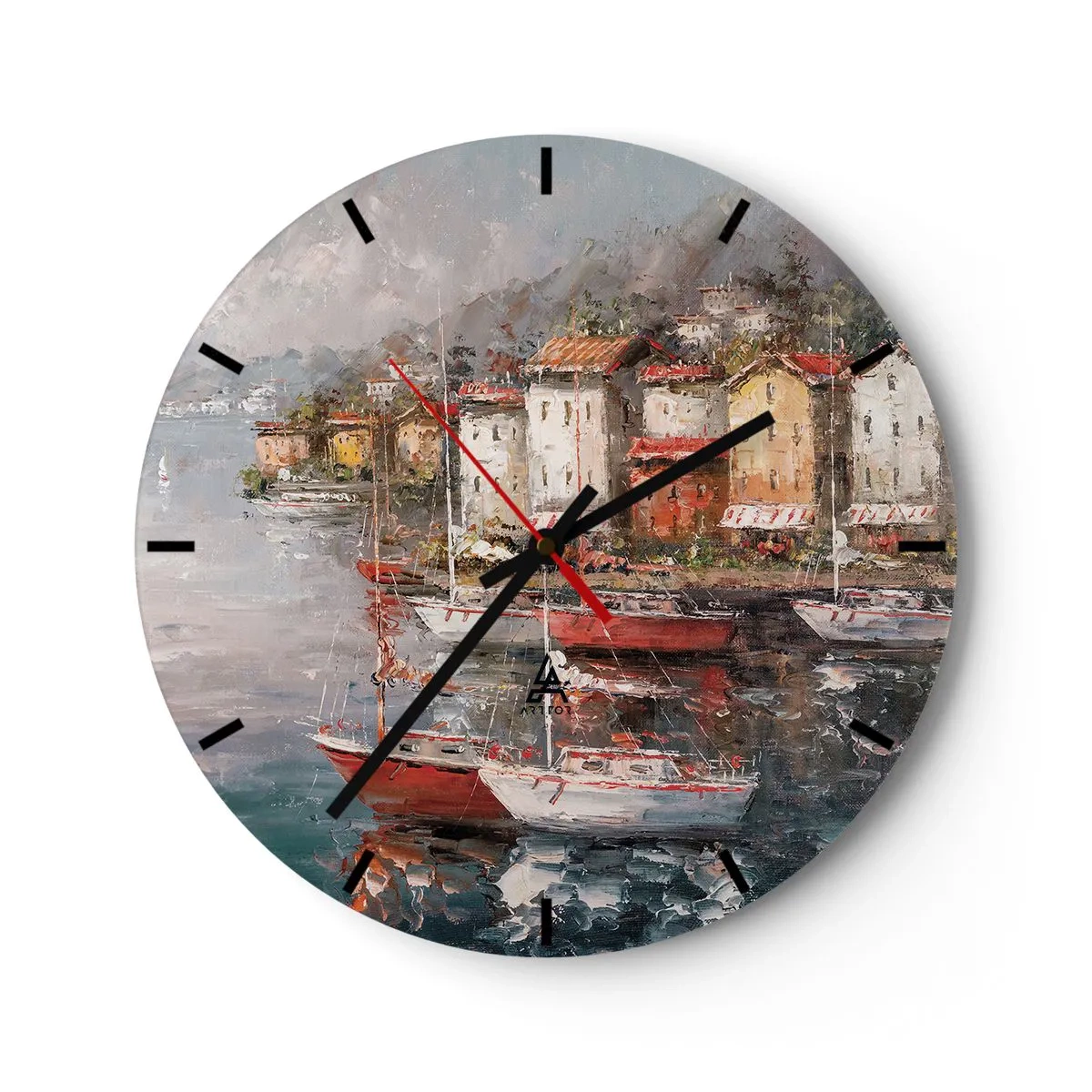 Reloj de pared - Reloj de vidrio - Un puerto pintoresco con veleros y edificios costeros. - 30x30cm - Un refugio romántico - Decoración de pared moderna para salón, cocina y dormitorio ARTTOR