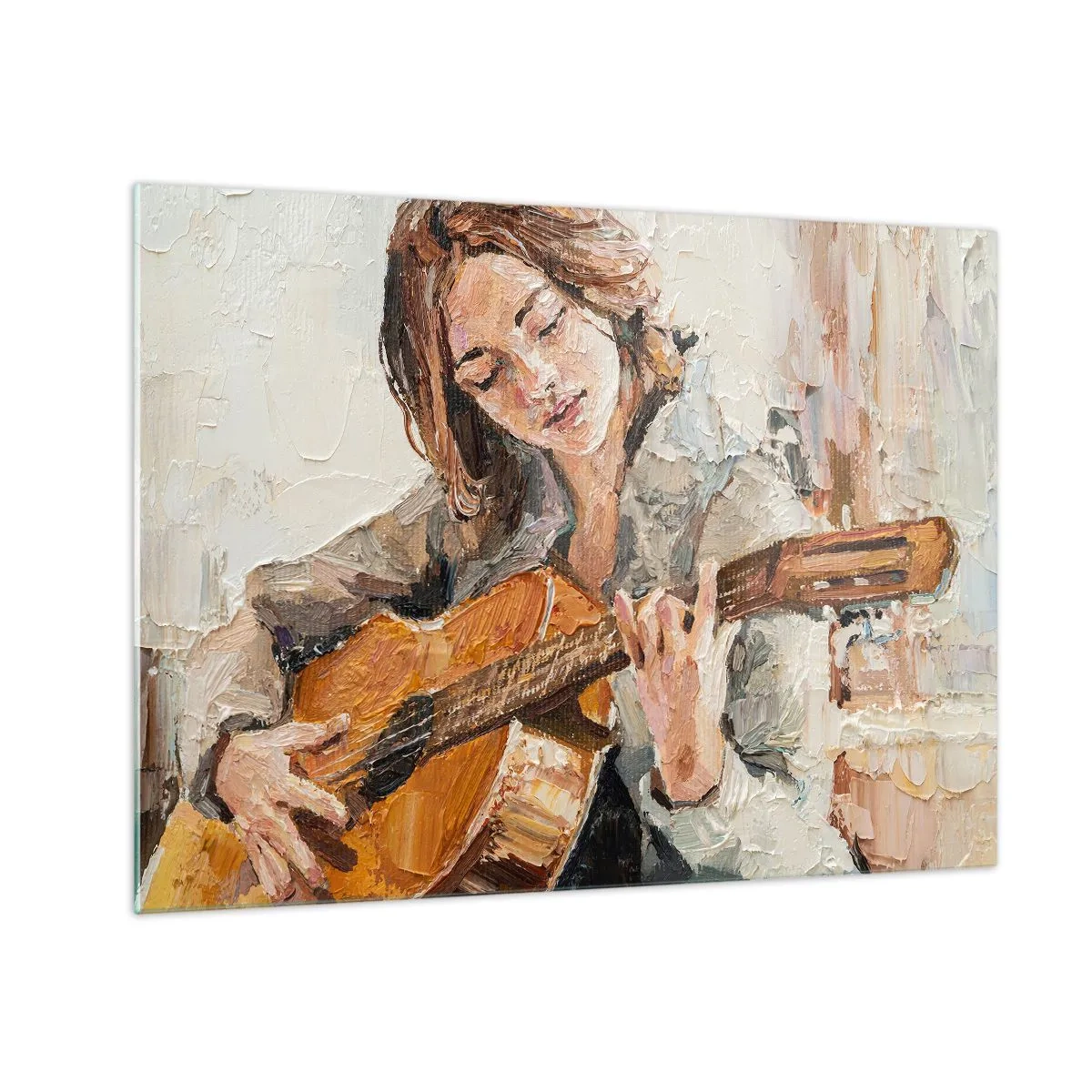 Cuadro sobre vidrio - Impresiones sobre Vidrio - Una niña tocando la guitarra en estilo impresionista. - 70x50cm - Concierto de guitarra y corazón joven - Decoración de pared moderna para salón y dormitorio ARTTOR