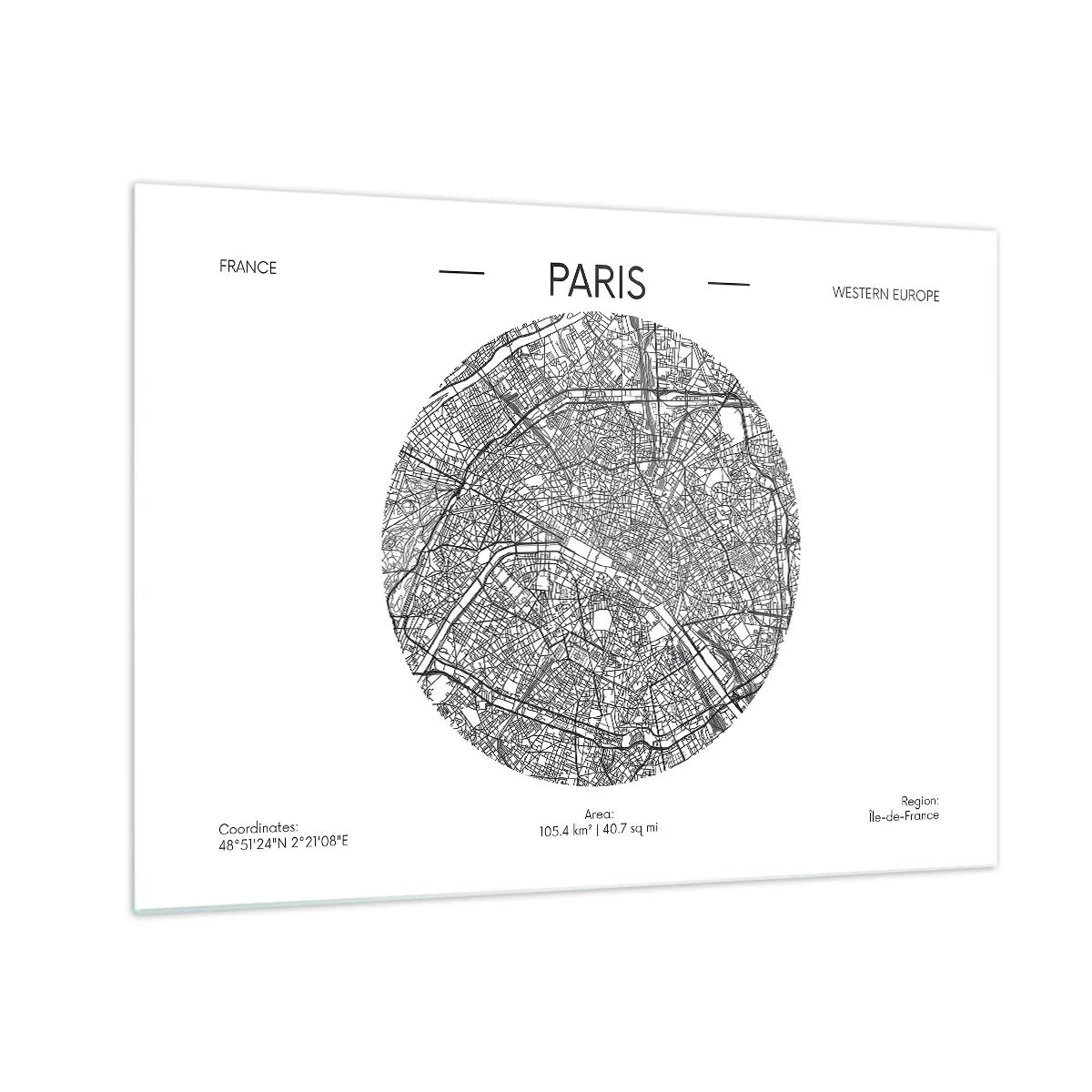 Cuadro sobre vidrio - Impresiones sobre Vidrio - Un mapa circular de París en una ilustración en blanco y negro - 70x50cm - Anatomía de París - Decoración de pared moderna para salón y dormitorio ARTTOR