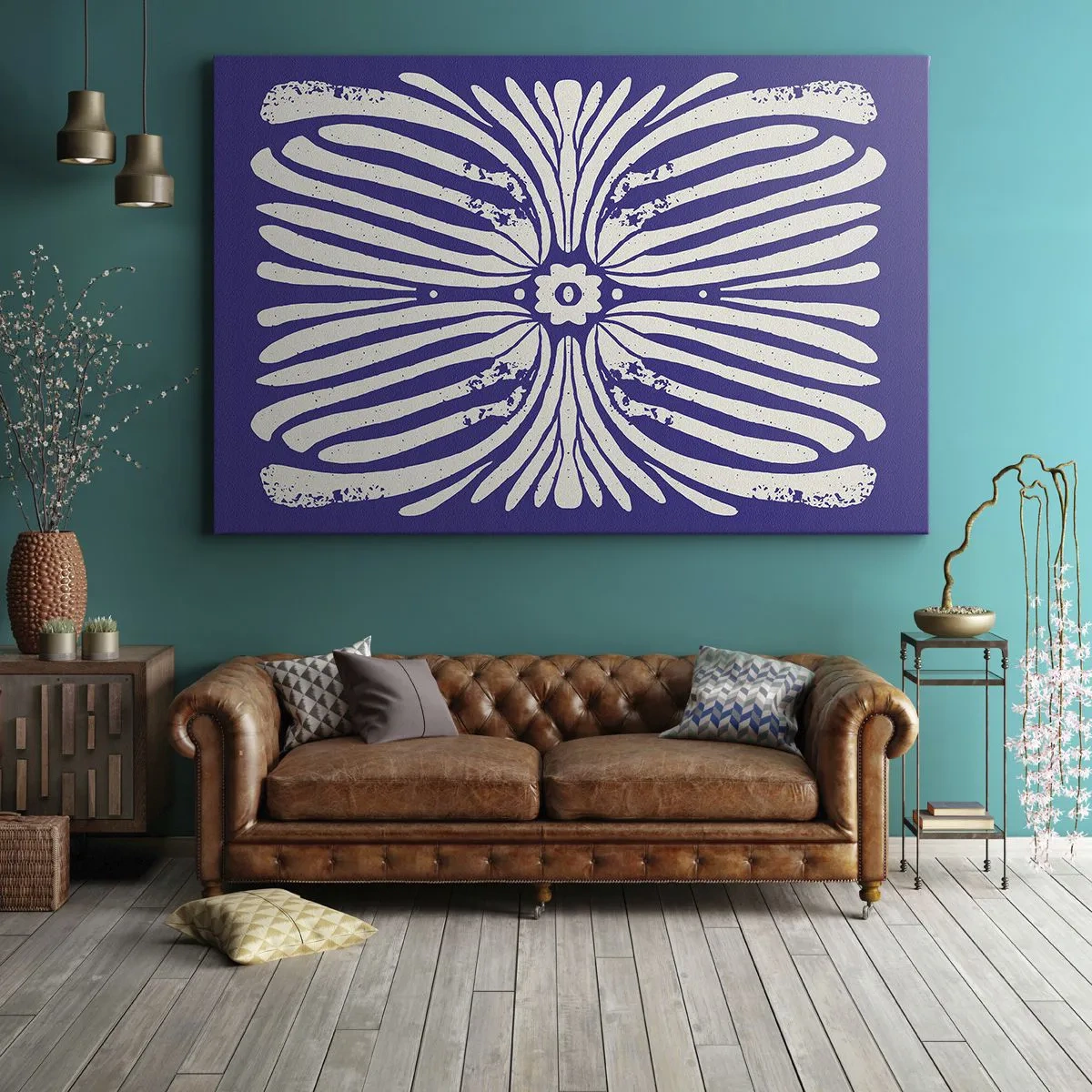 Cuadro sobre lienzo - Impresión de Imagen - Patrón étnico en tonos morados y blancos. - 70x50cm - Inspiraciones étnicas - Decoración de pared moderna para salón y dormitorio ARTTOR