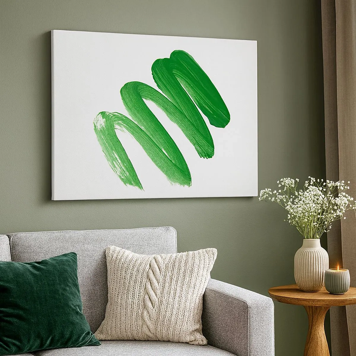 Cuadro sobre lienzo - Impresión de Imagen - Trazo de pincel abstracto verde sobre fondo blanco - 70x50cm - Una broma verde - Decoración de pared moderna para salón y dormitorio ARTTOR