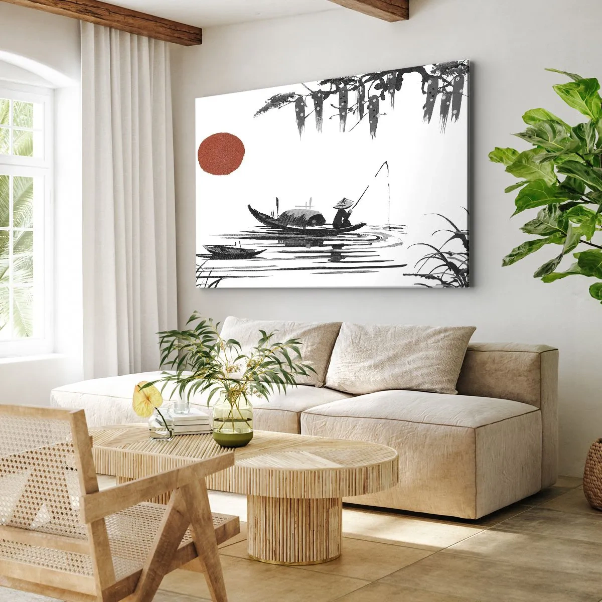 Cuadro sobre lienzo - Impresión de Imagen - Paisaje oriental con un pescador en un barco y un sol rojo. - 70x50cm - Una tarde asiática - Decoración de pared moderna para salón y dormitorio ARTTOR