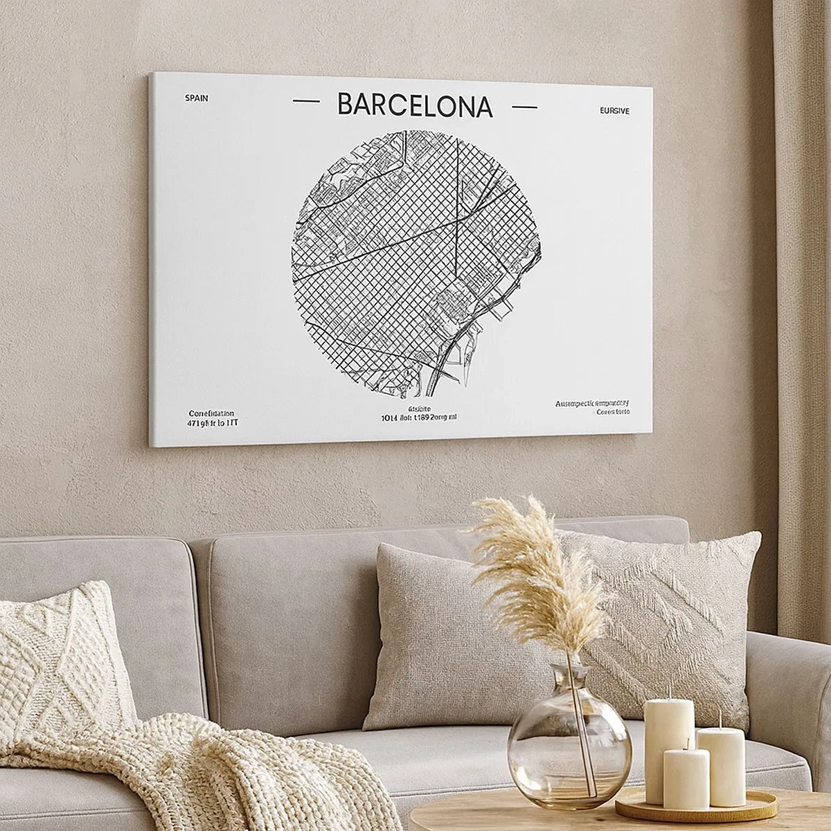 Cuadro sobre lienzo - Impresión de Imagen - Un mapa de Barcelona en estilo minimalista en blanco y negro - 70x50cm - Anatomía de Barcelona - Decoración de pared moderna para salón y dormitorio ARTTOR