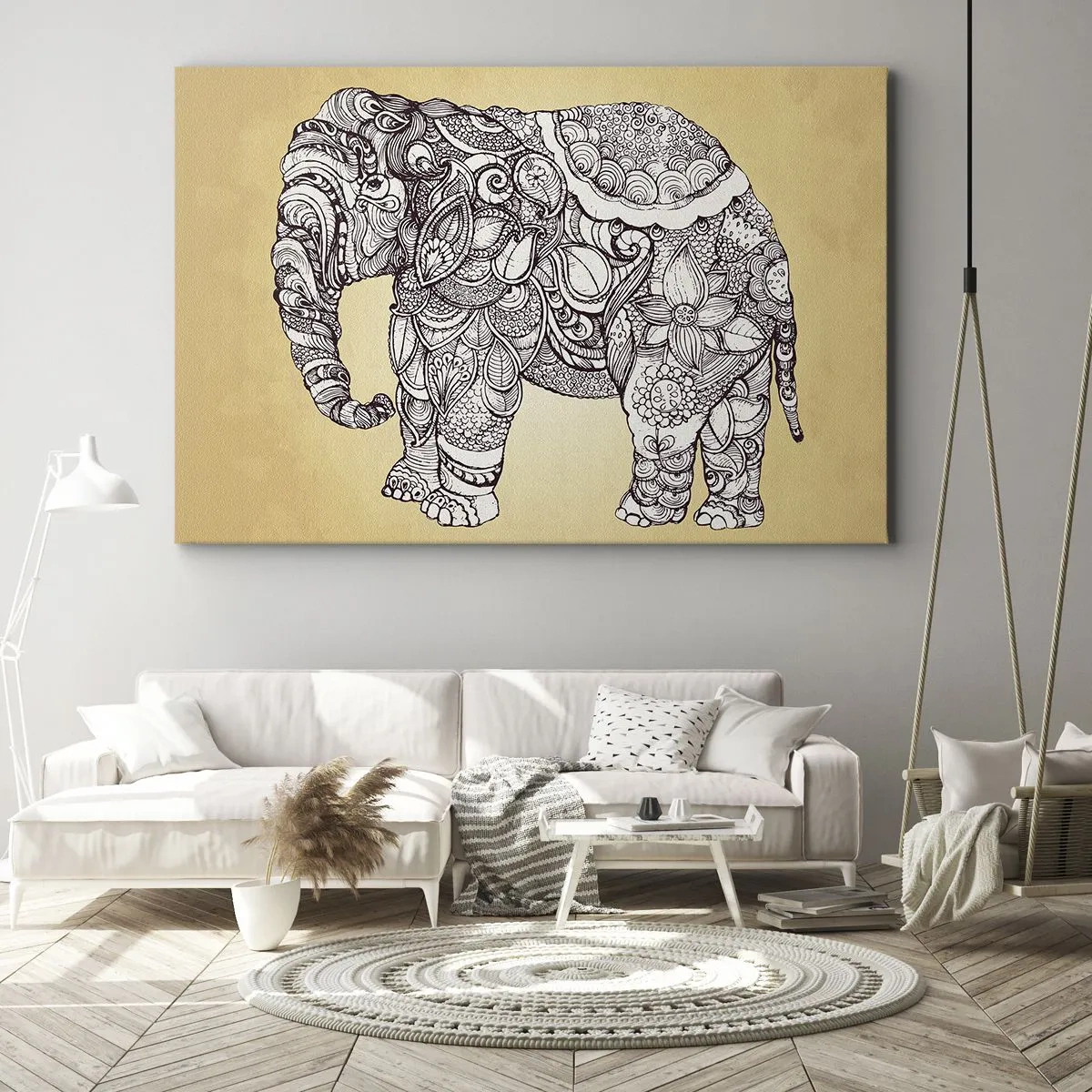 Cuadro sobre lienzo - Impresión de Imagen - Elefante dibujado a mano con un patrón ornamentado sobre un fondo beige. - 70x50cm - El elefante decorado - Decoración de pared moderna para salón y dormitorio ARTTOR