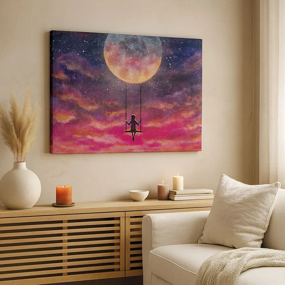 Cuadro sobre lienzo - Impresión de Imagen - Una figura en un columpio suspendido contra la luna. - 70x50cm - Disfrutar de las nubes - Decoración de pared moderna para salón y dormitorio ARTTOR