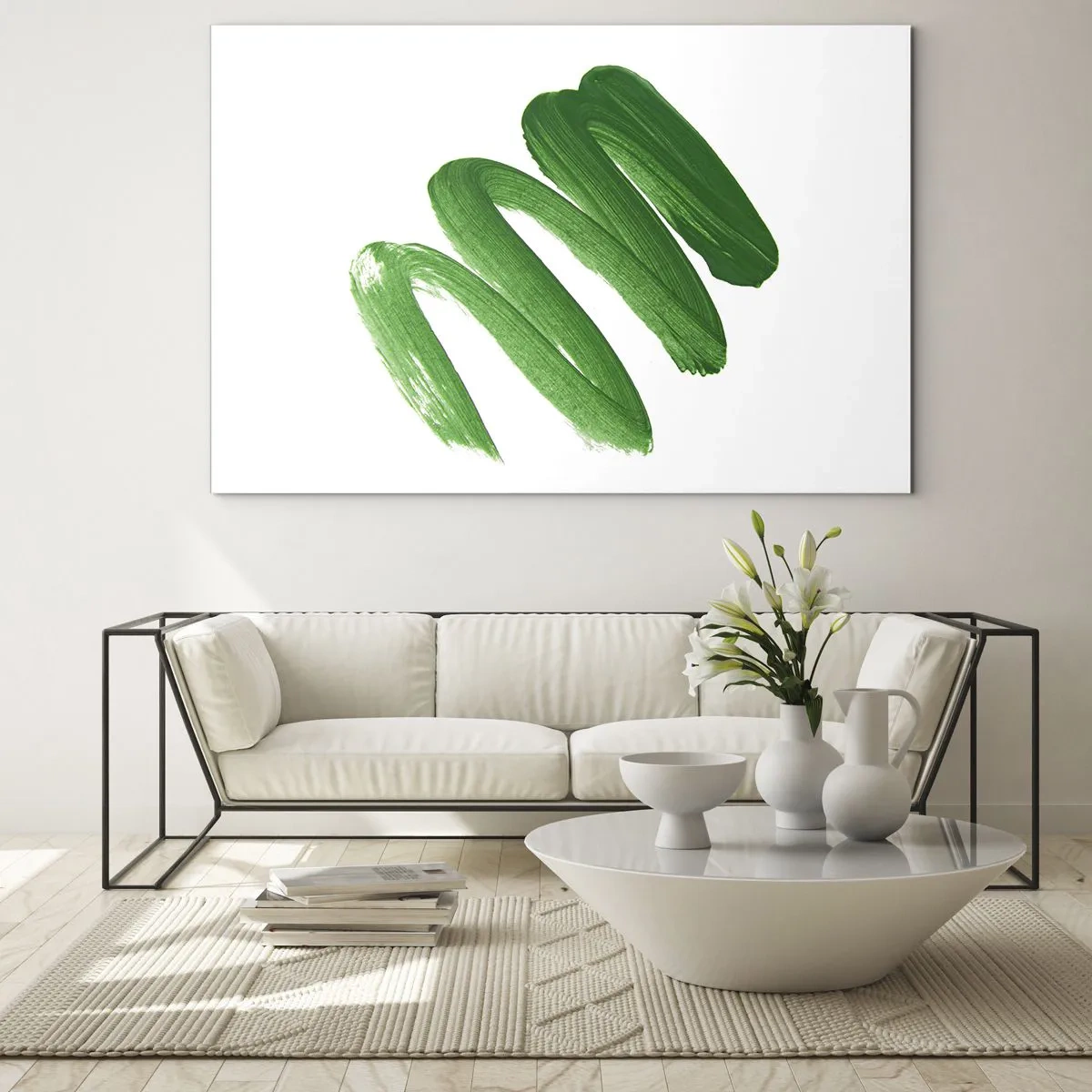 Cuadro sobre vidrio - Impresiones sobre Vidrio - Pincelada verde dinámica sobre fondo blanco - 70x50cm - Una broma verde - Decoración de pared moderna para salón y dormitorio ARTTOR